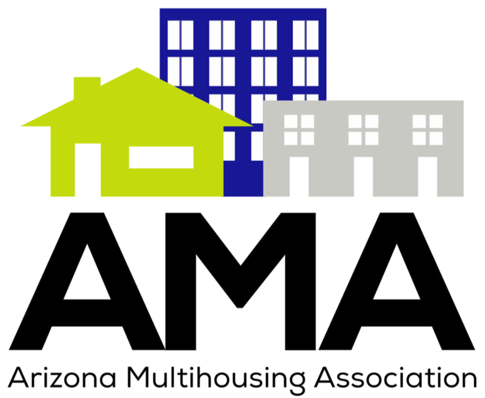Logo of Arizona Multihousing Association featuring stylized illustrations of a yellow house, blue apartment building, and gray building above bold black text 'AMA' with smaller text 'Arizona Multihousing Association' underneath.