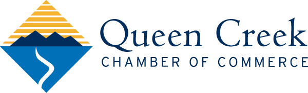 Logo of Queen Creek Chamber of Commerce featuring a stylized mountain, river, and sun design with the organization's name.