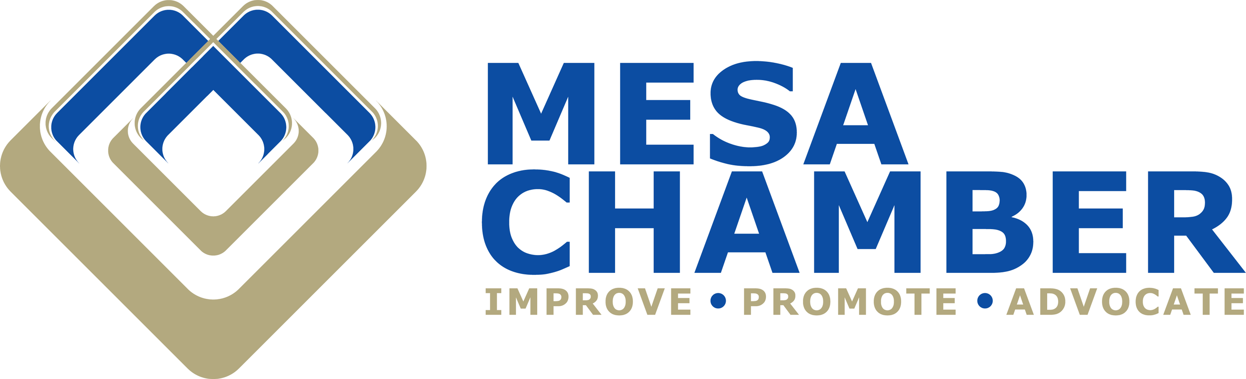 Logo of Mesa Chamber featuring geometric shapes and the words 'Mesa Chamber' with the tagline 'Improve, Promote, Advocate'.