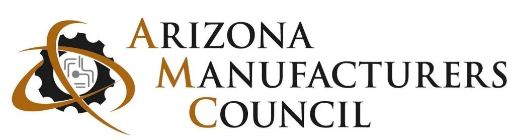 Logo of Arizona Manufacturers Council featuring an abstract gear and orbit design with the organization's name.