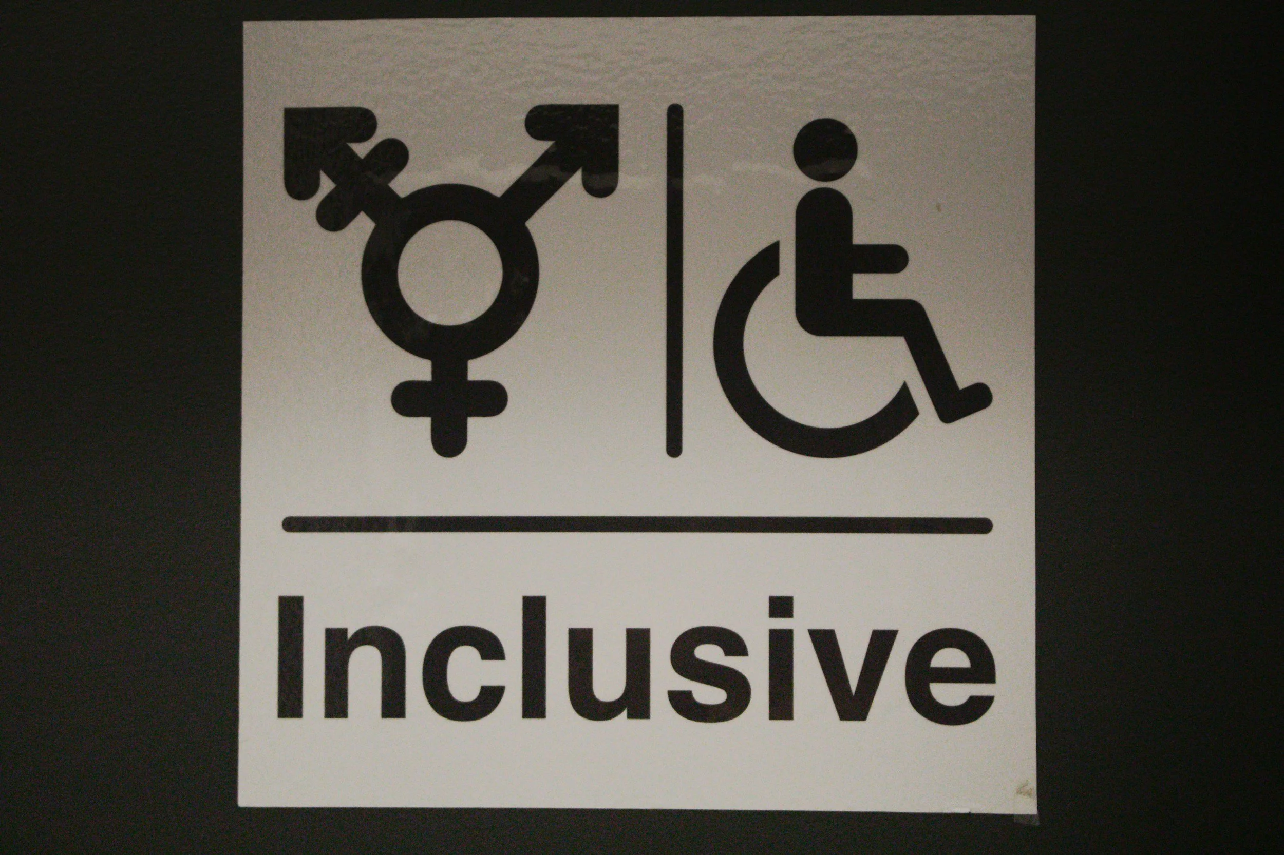 Sign indicating accessibility and inclusivity, with symbols for male, female, and wheelchair users, and the word 'Inclusive' at the bottom.