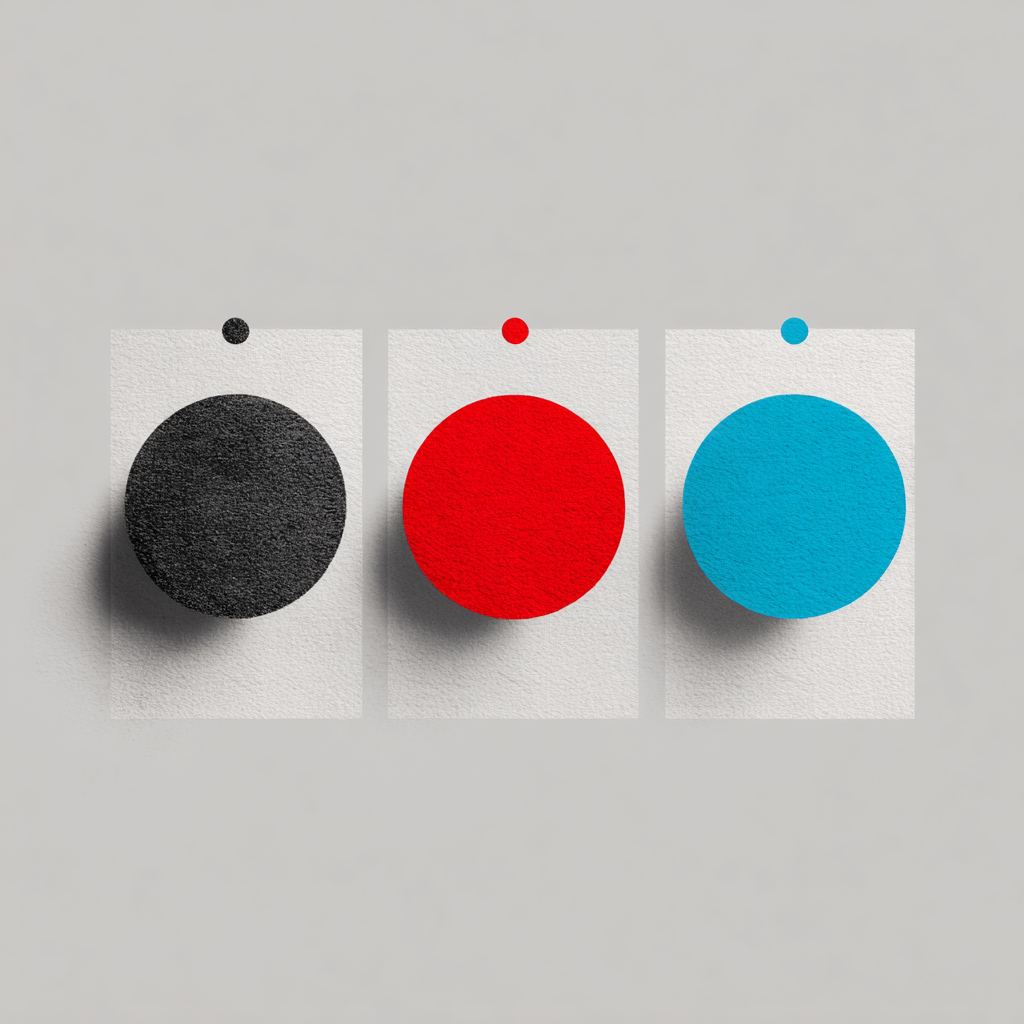 Three textured paper cards with large circles in black, red, and blue, each topped with a small matching dot, arranged in a row on a white wall.