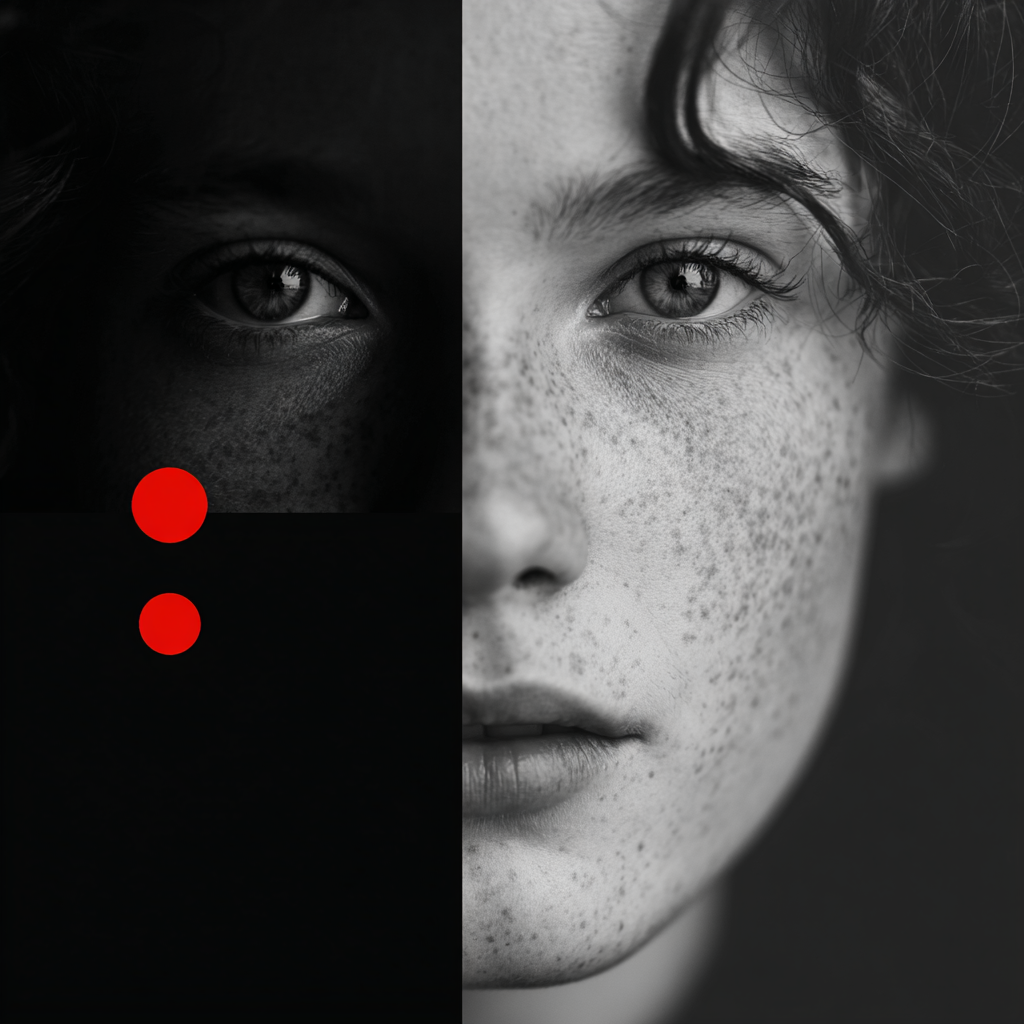 A split black and white portrait of a young person with freckles, showcasing detailed eyes and facial features.
