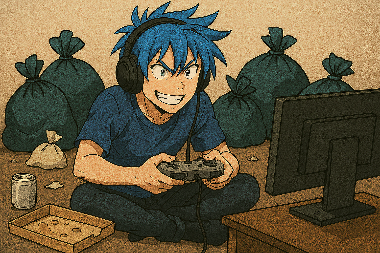 Blue haired gamer surrounded by trash bags, empty soda cans and pizza boxes representing the trash game mentality from Shangri-La Frontier