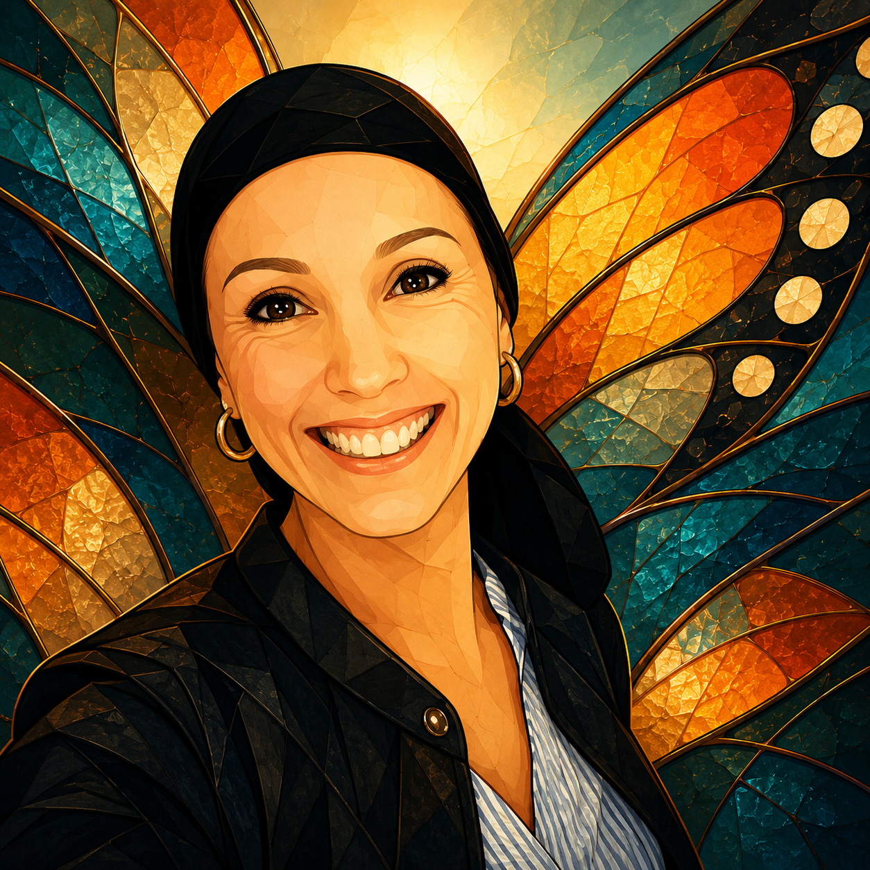 A smiling woman with dark hair, earrings, and a black headscarf, standing in front of colorful butterfly wing patterns.