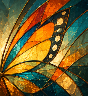 Close-up of a stained glass butterfly with vibrant orange, blue, and yellow glass pieces and black outlines.