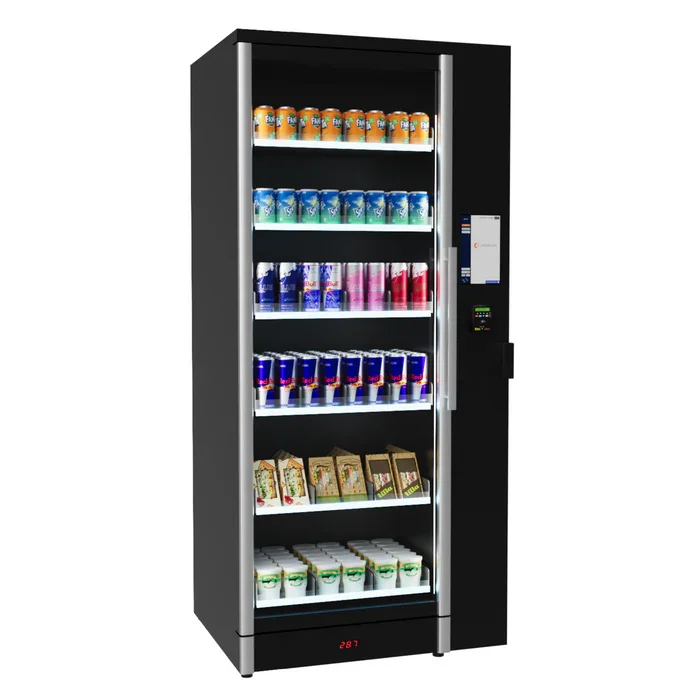 Vending machine stocked with various cans and cartons of beverages.