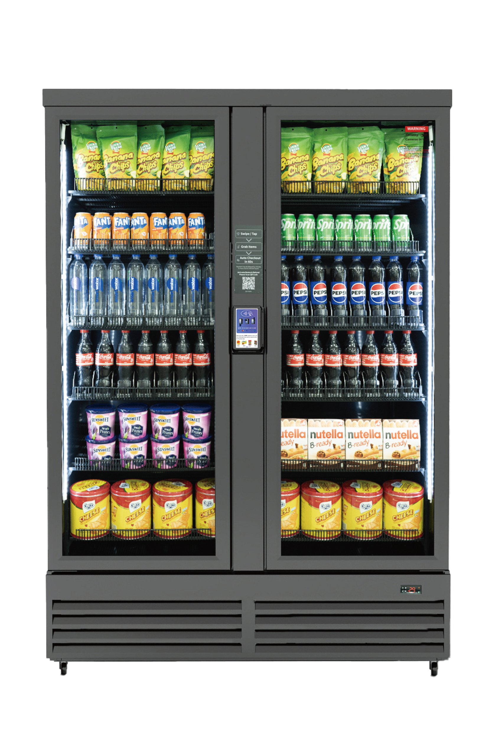 A vending machine stocked with snacks and drinks, including banana chips, Fanta, Sprite, Pepsi, SunSweet prunes, Nutella, cheese crackers, and cheese dip.