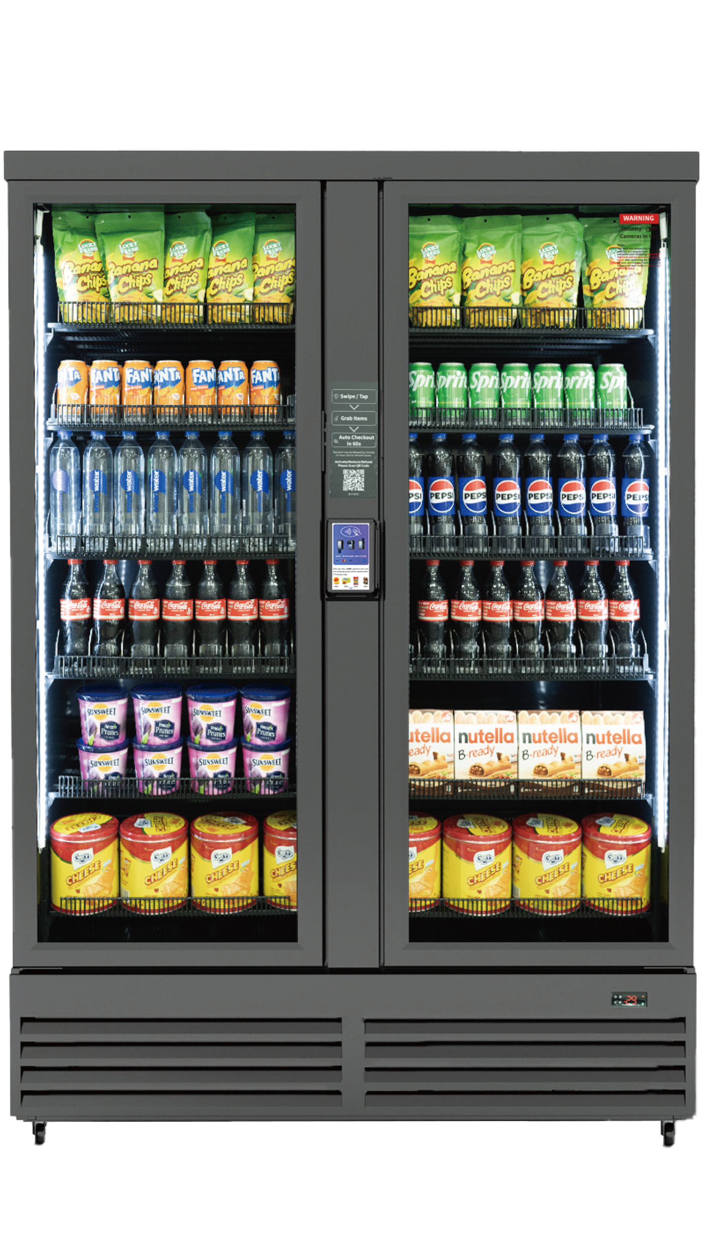 A vending machine stocked with snacks and drinks, including banana chips, Fanta, Sprite, Pepsi, Coke, Sunsweet prunes, Nutella, and cheese.