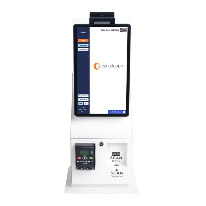 Self-check kiosk with a large touchscreen displaying Cantaloupe software and options for login, account creation, and browsing, with a barcode scanner and fingerprint scanner below for item scanning and authentication.