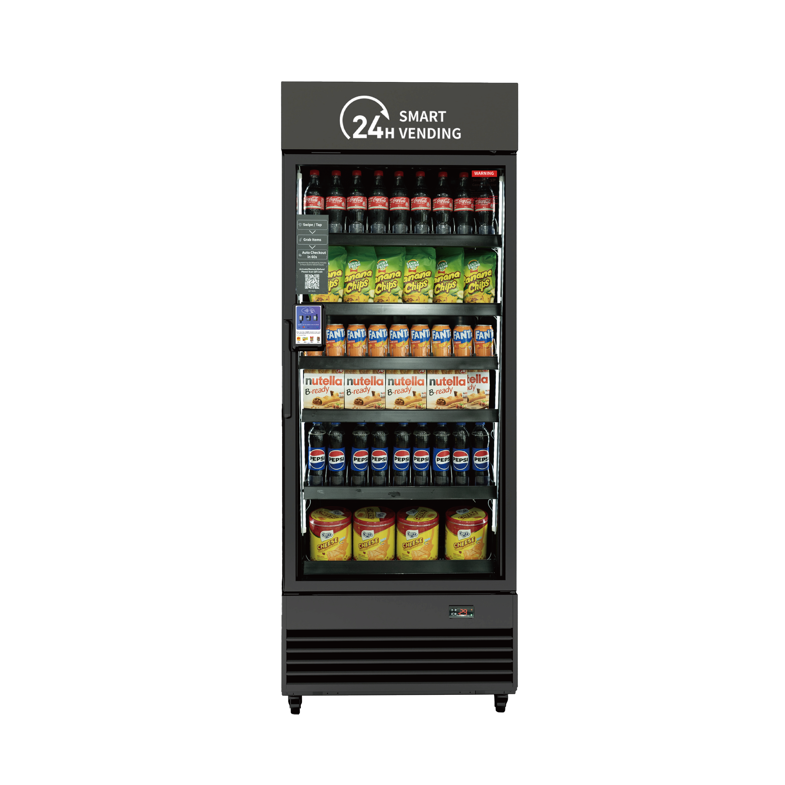 A vending machine stocked with bottled Coca-Cola, Fanta, Pepsi, Nutella snacks, banana chips, and cheese snacks.