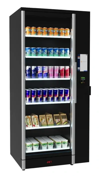 A vending machine filled with various canned and bottled drinks on four shelves, and snacks on the bottom shelf.