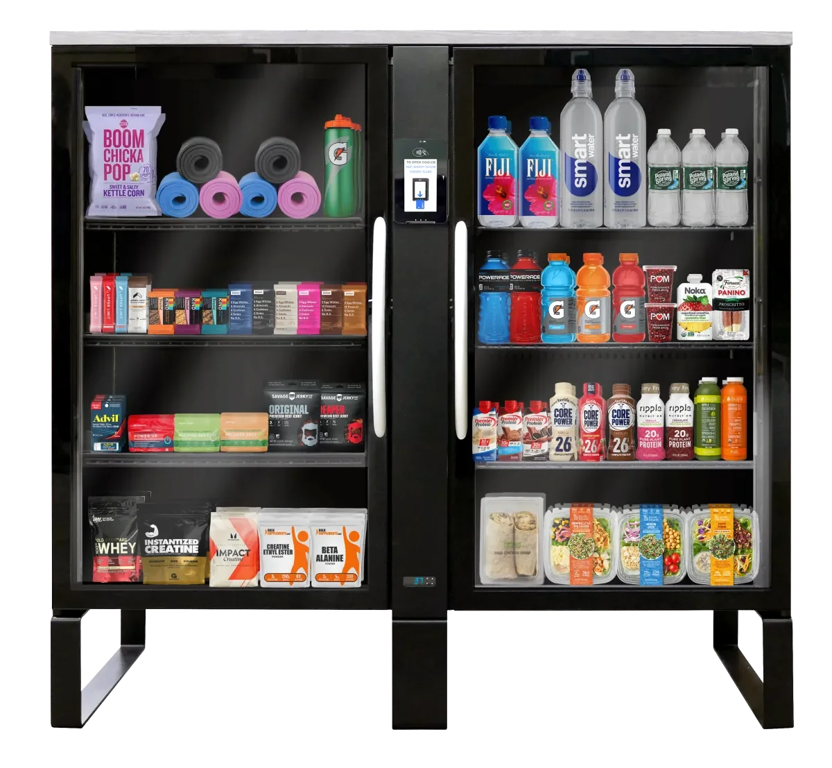 A refrigerated vending machine filled with bottled water, sports drinks, protein shakes, snacks, and pre-made sandwiches.