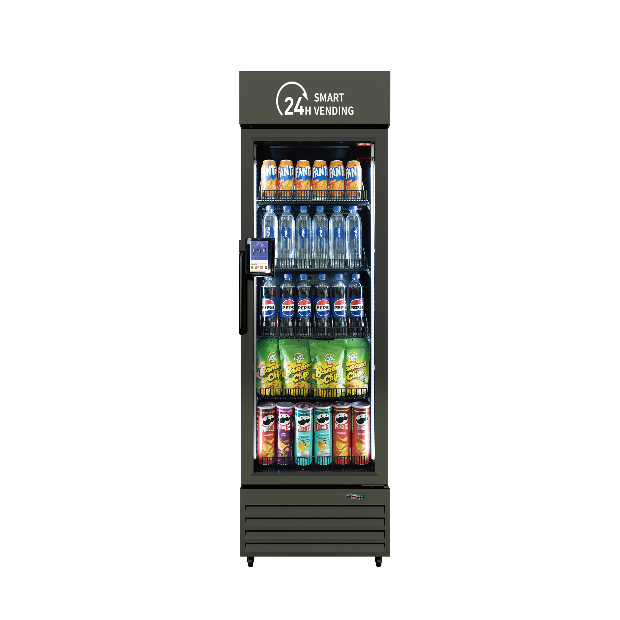 A vending machine stocked with bottles of Fanta, Pepsi, Banana Chips, and Pringles in a retail setting.
