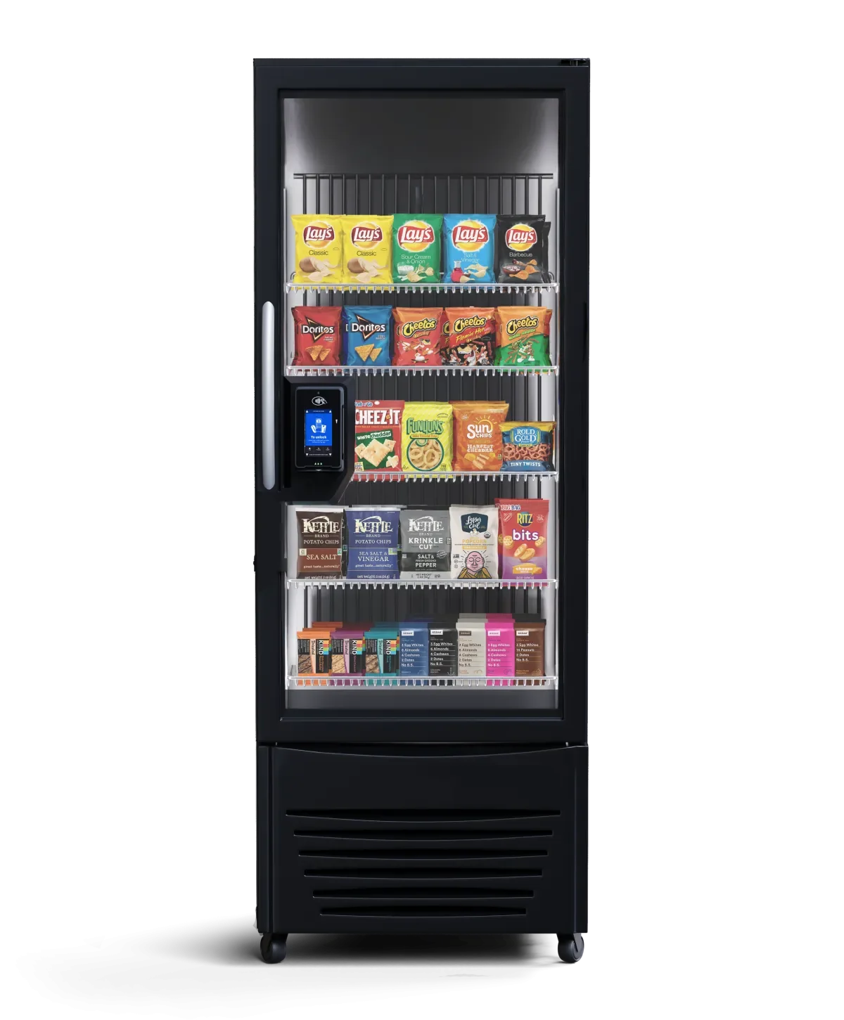 Vending machine stocked with various snack bags including Lay's chips, Doritos, Cheetos, Cheez-It, and others.