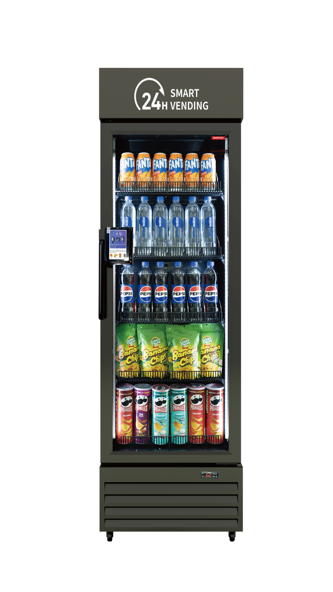 A vending machine stocked with Fanta orange soda cans, bottled water, Pepsi soda bottles, banana chips, and Pringles chips.