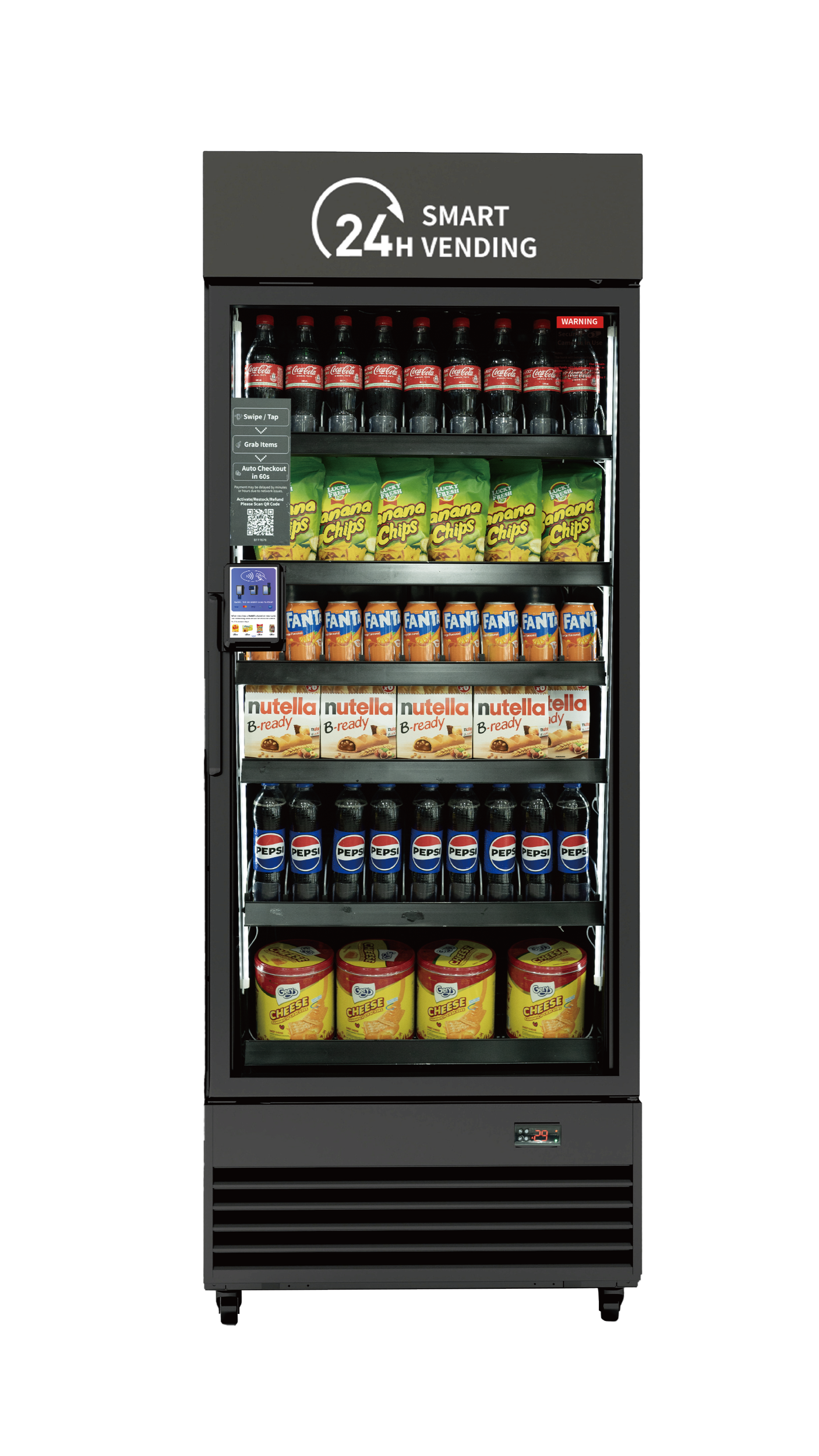 A vending machine stocked with soda bottles, snack bags, Nutella, and cheese.