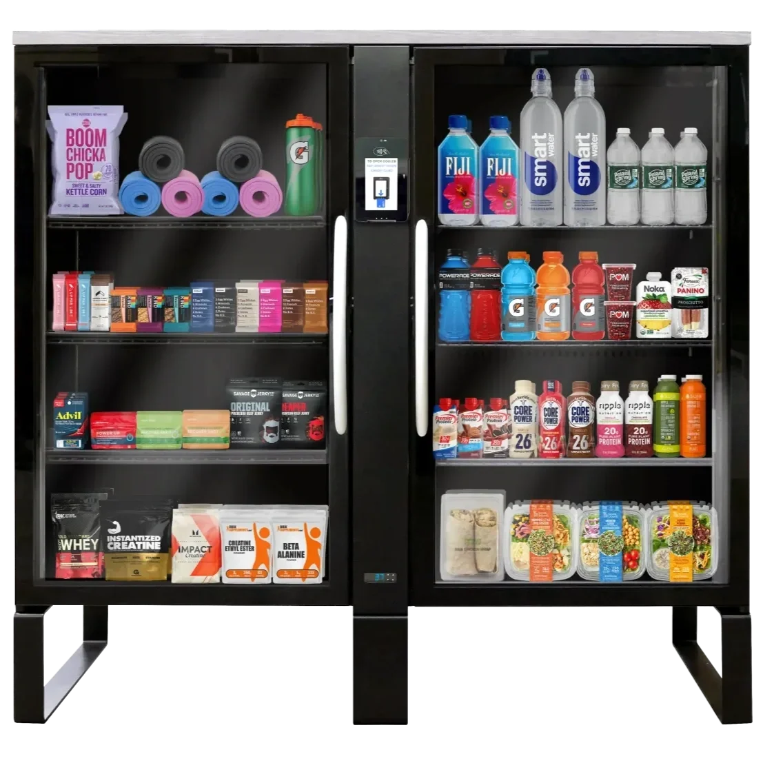 A refrigerated vending machine stocked with health and fitness drinks, snacks, and supplements including protein powders, bottled water, electrolyte drinks, and healthy snacks.