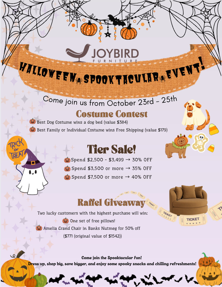 Halloween-themed promotional flyer for Joybird Furniture's spooktacular event, including a costume contest, tier sale discounts, raffle giveaway, and festive decorations like pumpkins, cobwebs, and bats.