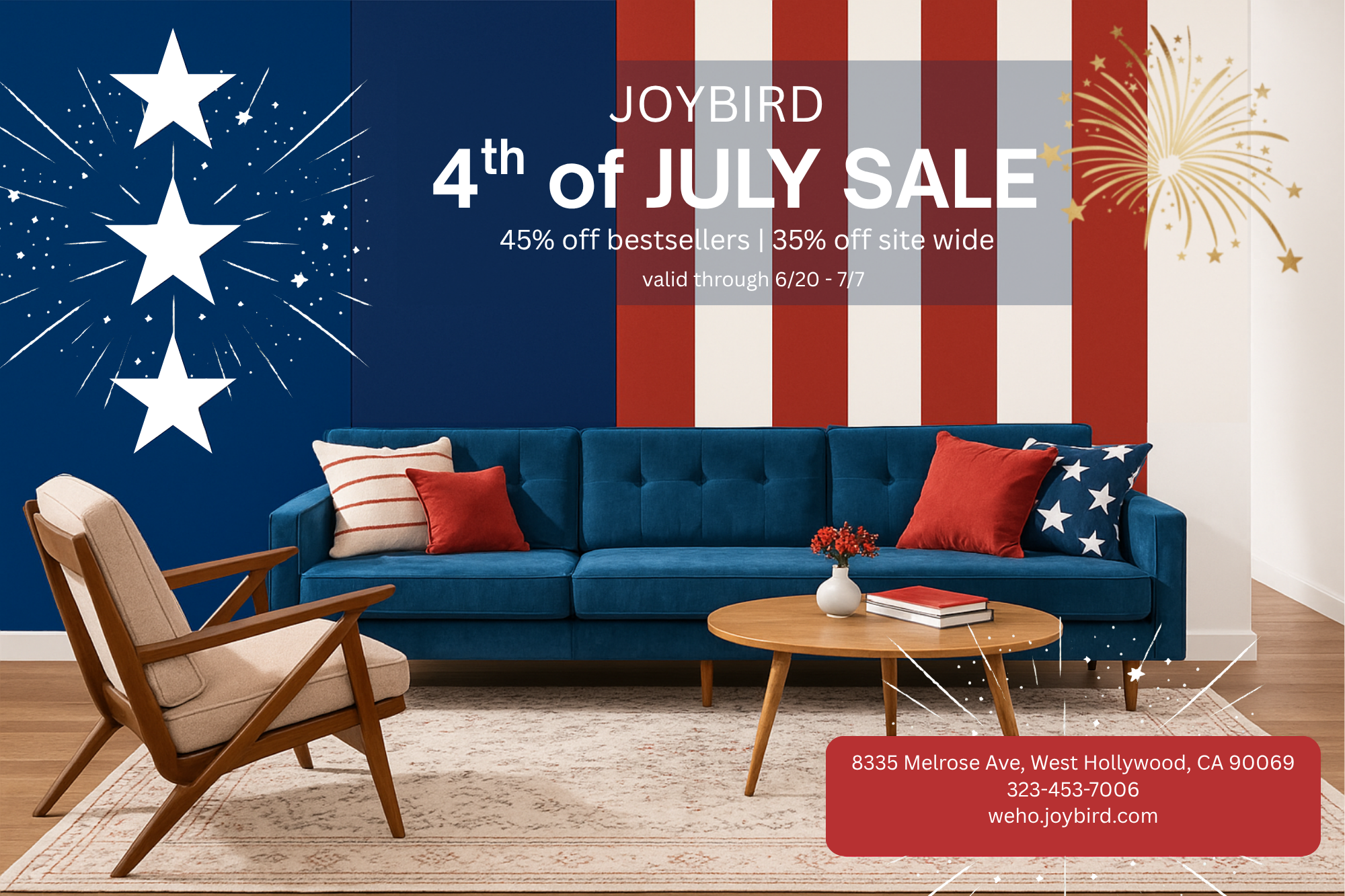 Living room decorated in a patriotic theme with blue, red, and white colors, featuring a blue sofa with star and striped pillows, a beige armchair, and a wooden coffee table with a vase and books. Fireworks and stars are displayed on the wall, promot