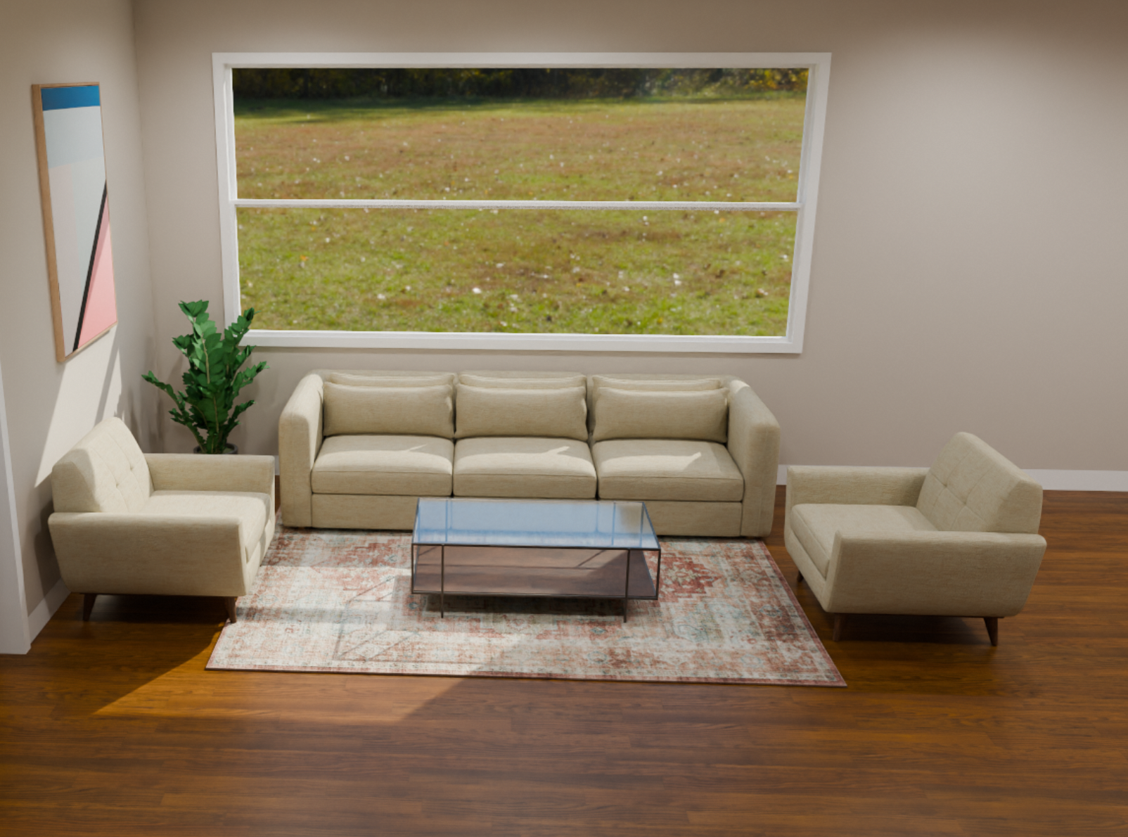 Living room with beige sofa, two matching armchairs, a glass coffee table, a colorful rug, a large window with outdoor view, a potted plant, and wall art.