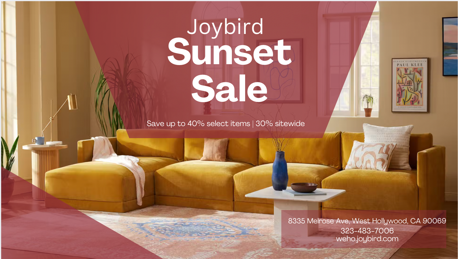 Living room with yellow sofa, side table, and artwork on the walls, overlaid with promotional text for Joybird sunset sale offering up to 40% off select items.