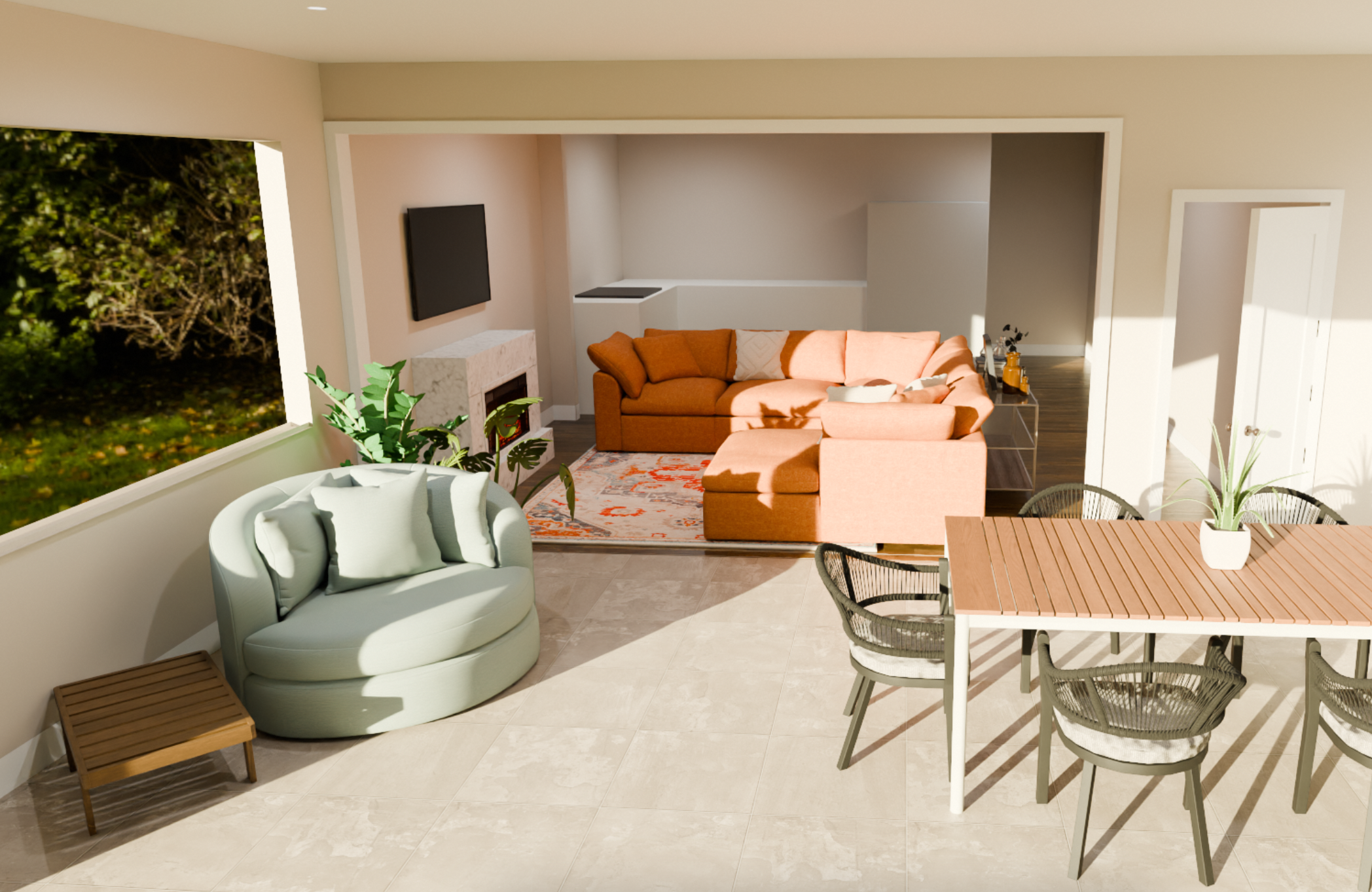 Living room with a large window showing greenery, a mint green circular couch with pillows, a small wooden bench, a beige tiled floor, a stone fireplace, an orange sectional sofa with pillows and a white throw, a TV mounted on the wall, a wooden dini