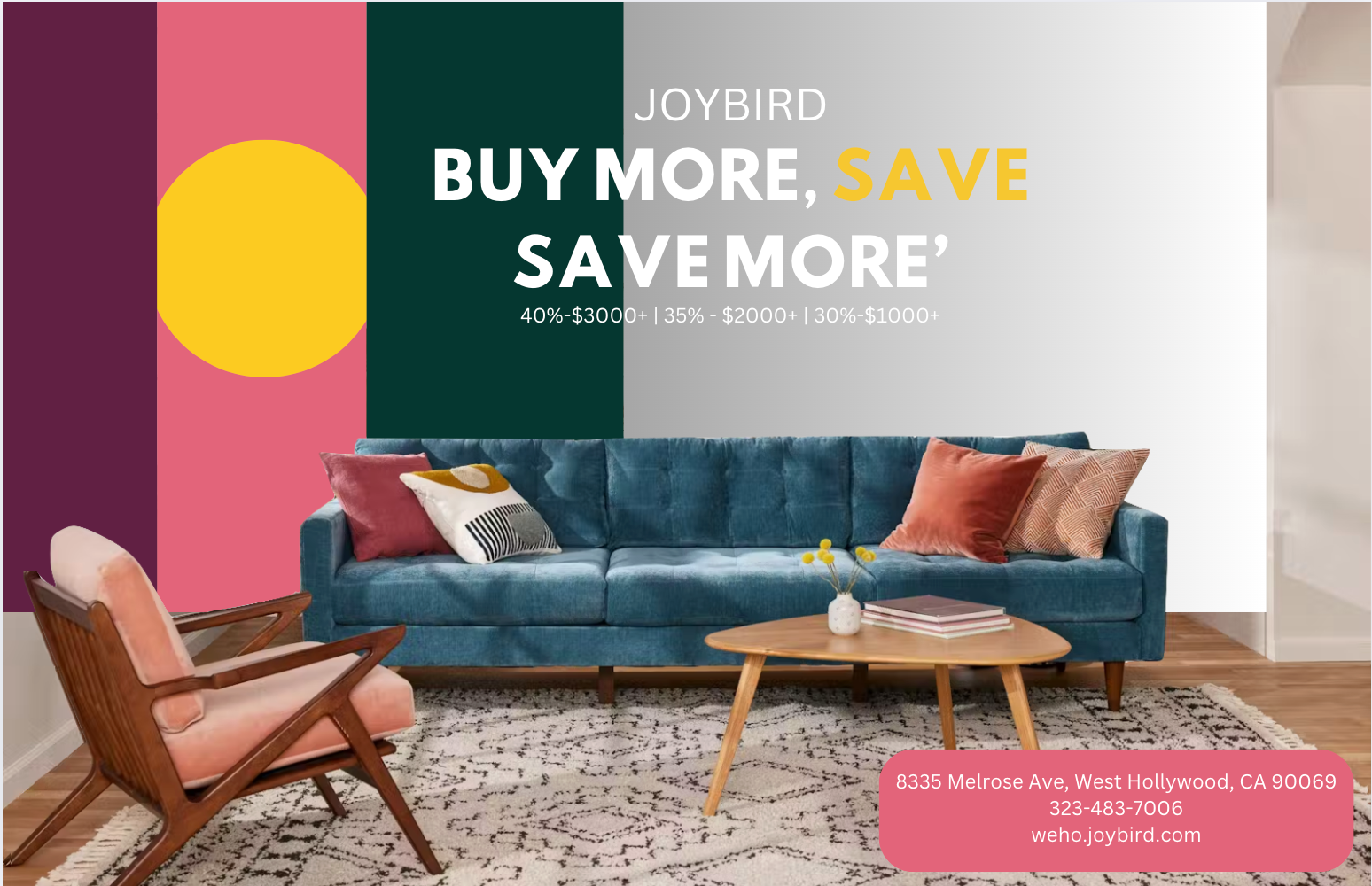 Living room with a teal sofa, pink and patterned pillows, a wooden coffee table with books and a vase, a pink armchair, and a colorful wall with a promotional message about discounts and store contact information.
