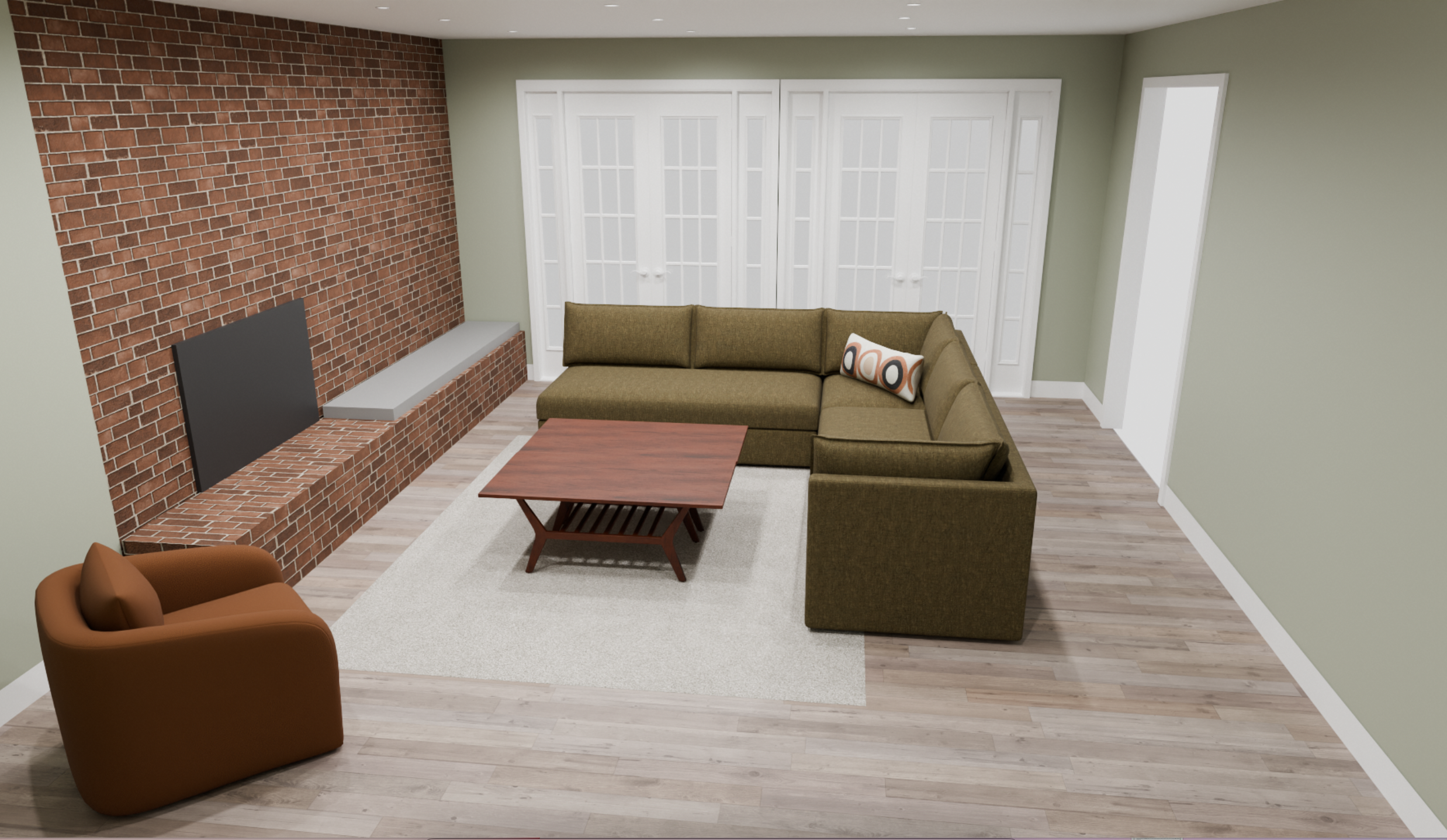 Living room with a brick fireplace, green sectional sofa, wooden coffee table, brown armchair, area rug, white closet doors, and pastel green walls.