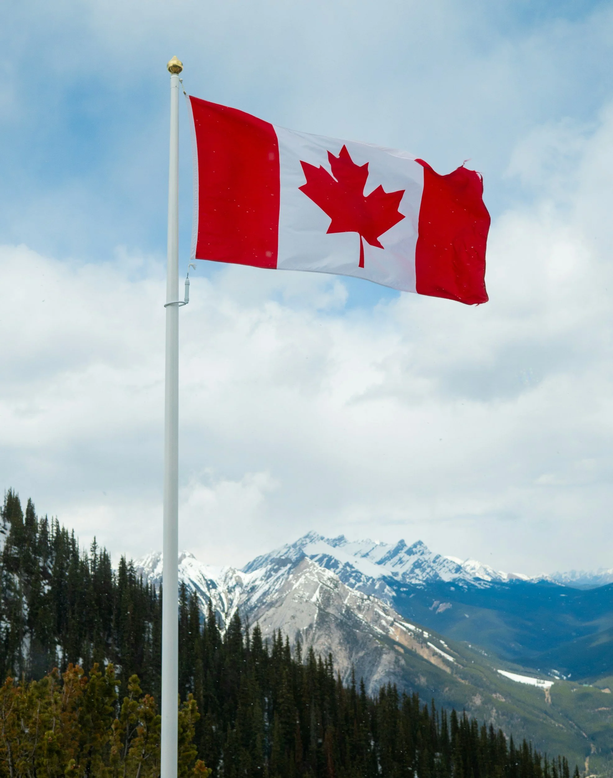 Canadian flag flying in front of snow-capped mountains and pine trees under a cloudy sky.