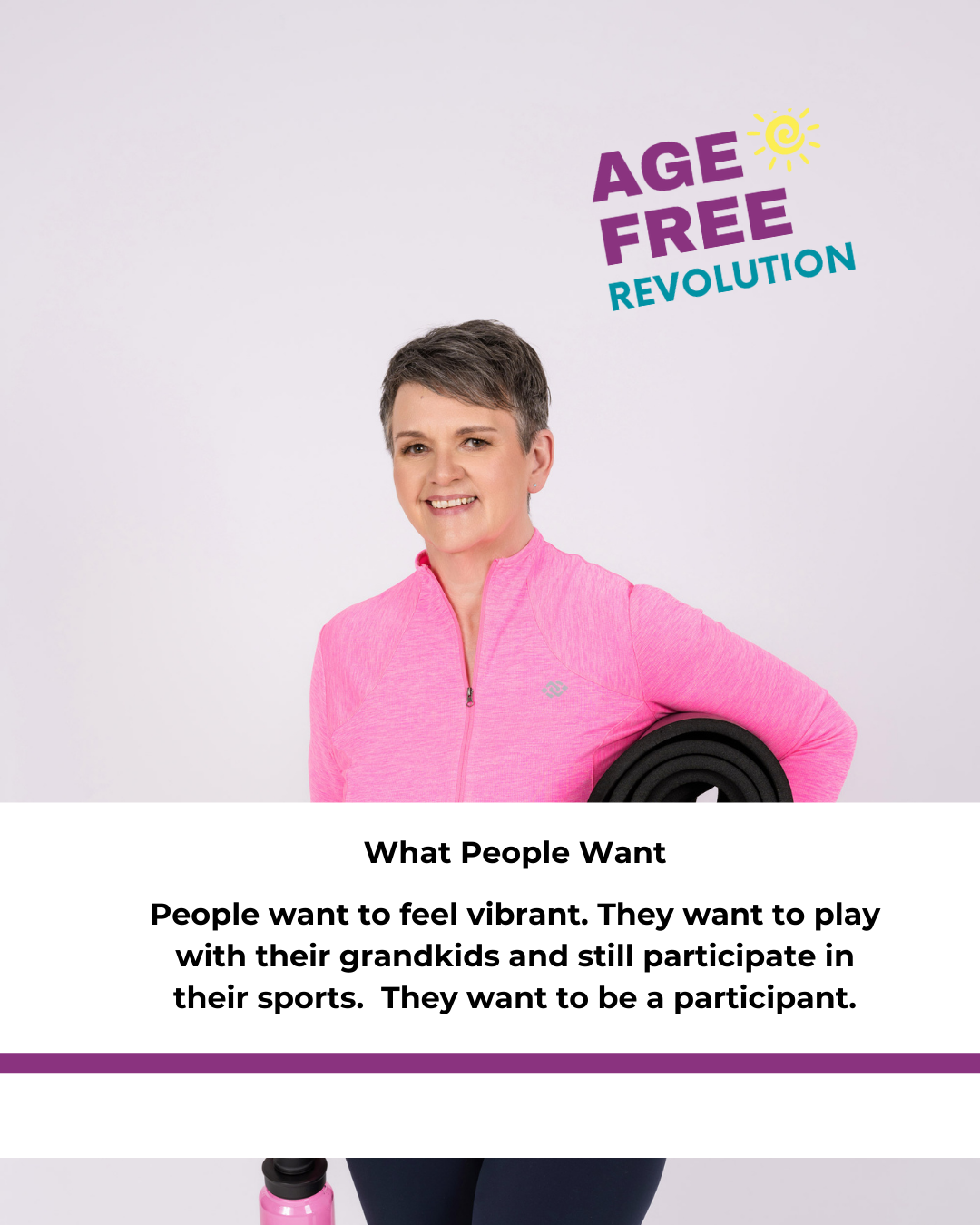 Woman 60 smiling carrying yoga mat and water bottle.