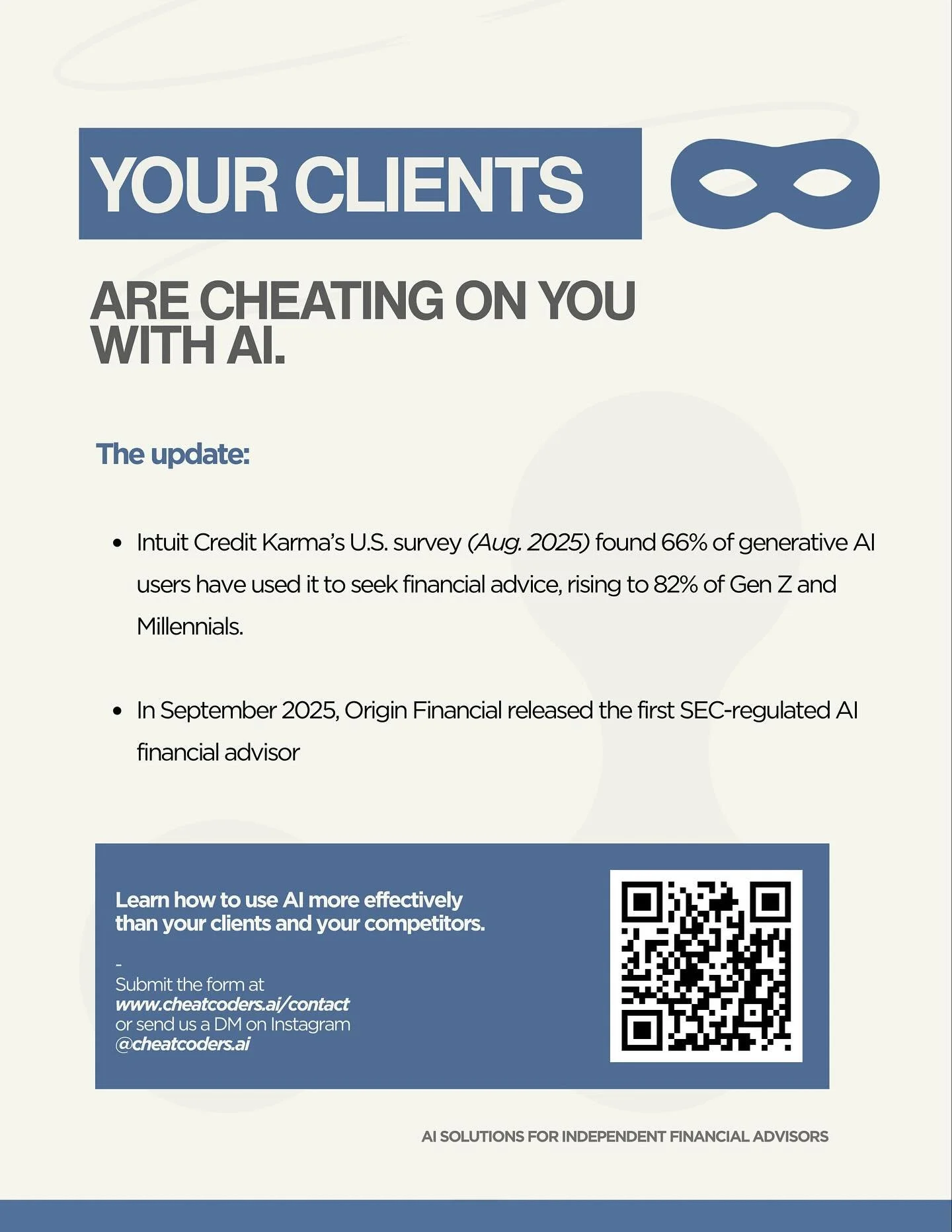 ⎋ Get ahead with AI and targeted lead generation
-
⌕ https://cheatcoders.ai
-
#financialgoals #financialadvisormarketing #financialadvisor #financialplanner #cfp #certifiedfinancialplanner #aiforfinance #ai #leadgeneration