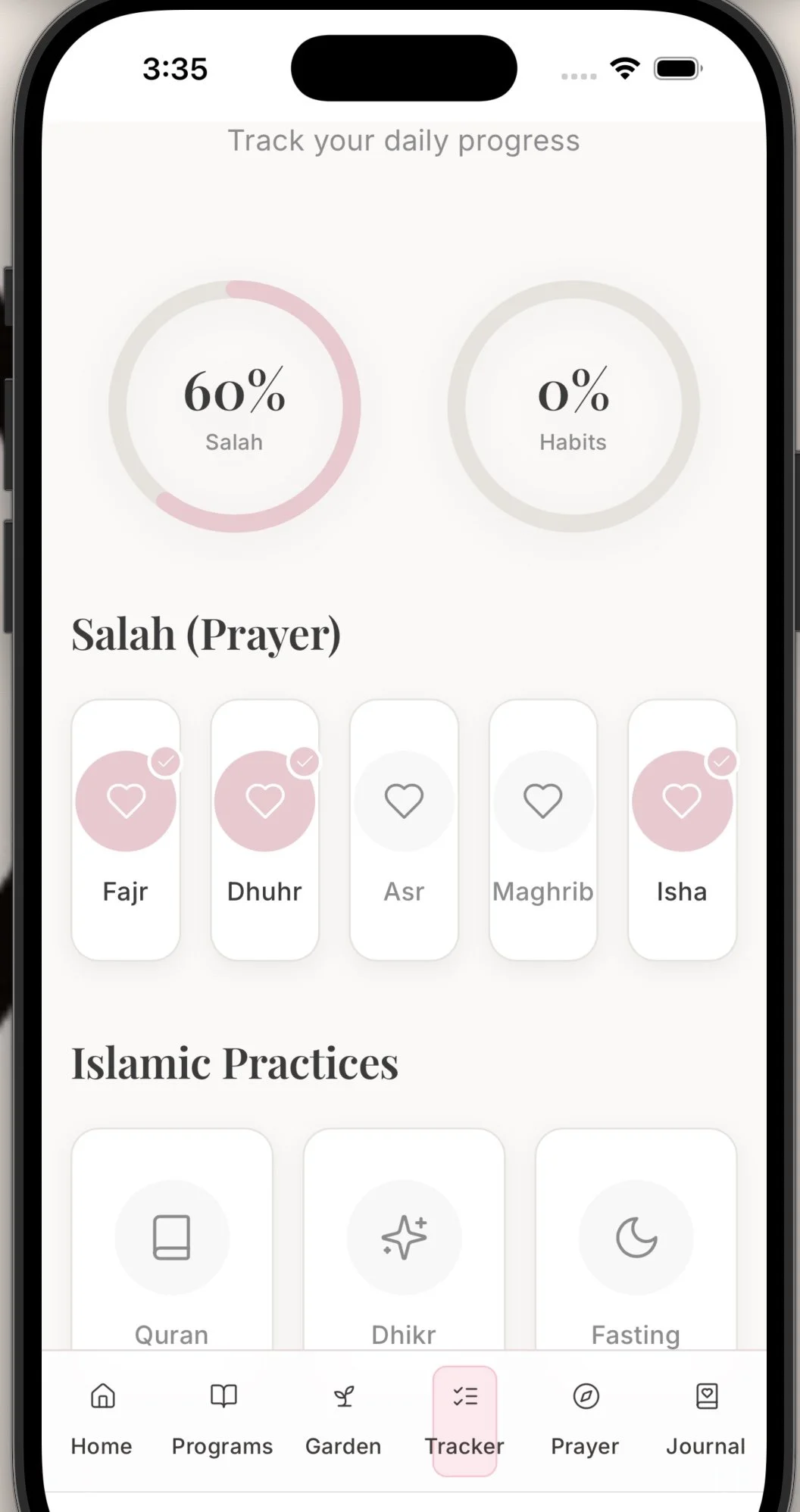 Mobile app screen showing daily progress tracker with 60% Salah completion, 0% habits, prayer options including Fajr, Dhuhr, Asr, Maghrib, and Isha, and Islamic practices like Quran, Dhikr, and Fasting.