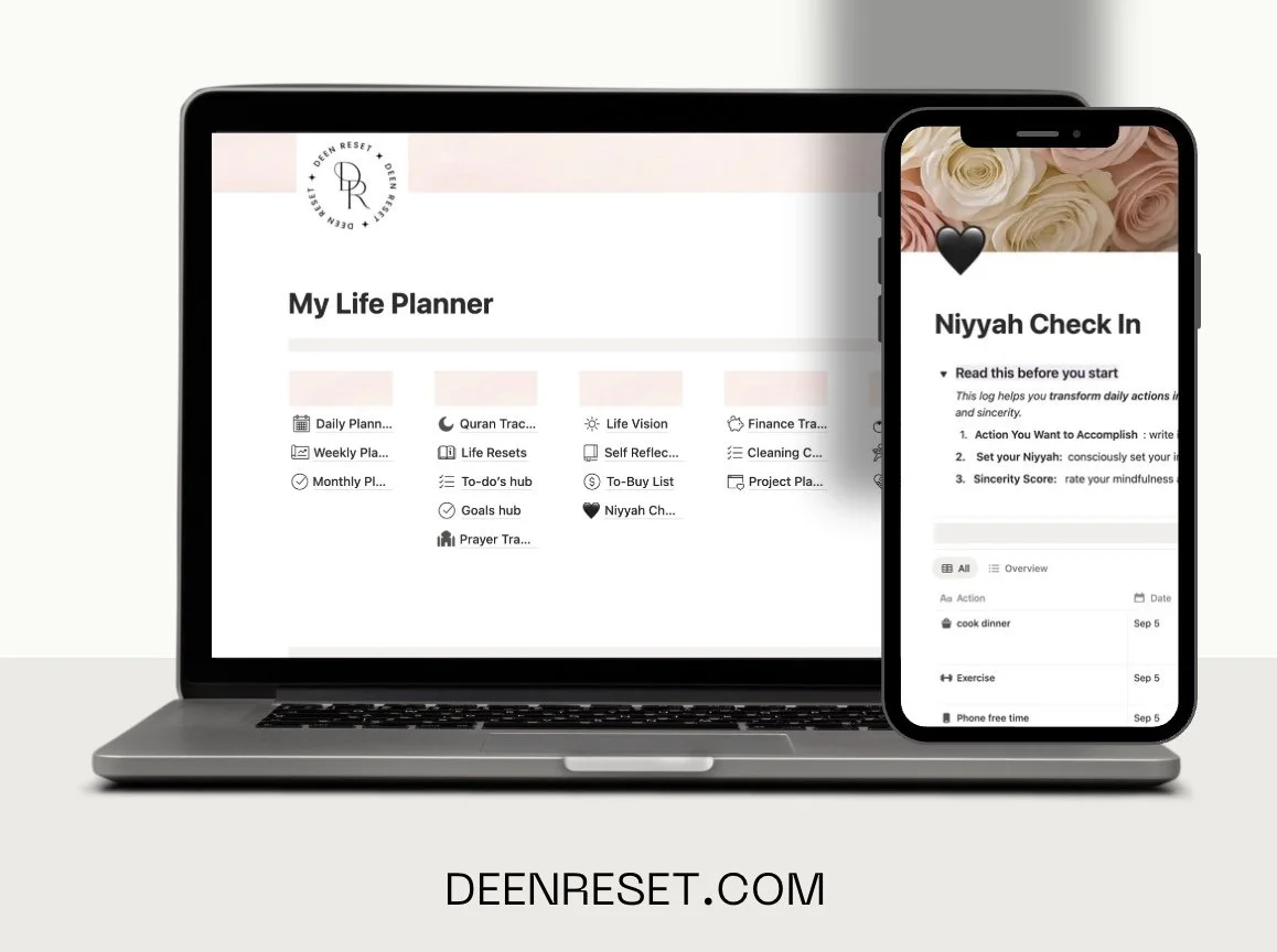 A laptop and smartphone displaying a life planner and checklist app with pink and white rose background, black heart icon, and various planning categories.