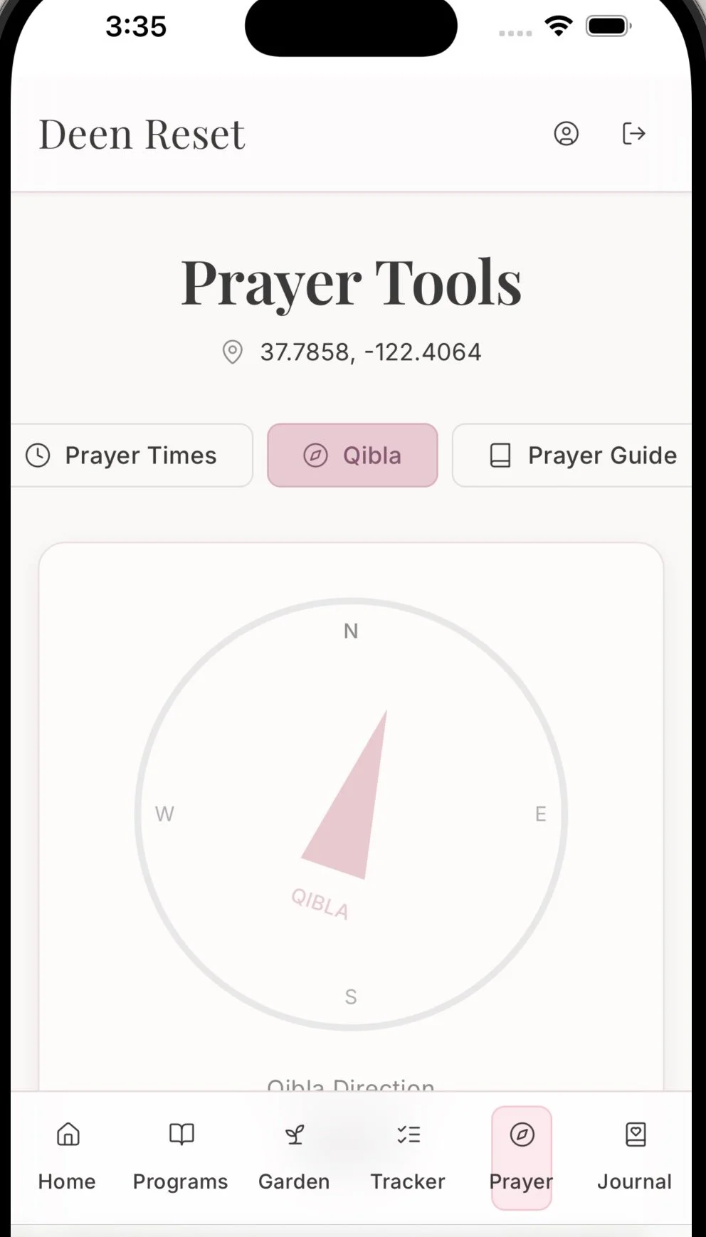 Mobile app screen showing prayer tools with a Qibla compass indicating the direction of Qibla, and navigation menu at the bottom with icons for Home, Programs, Garden, Tracker, Prayer, and Journal.