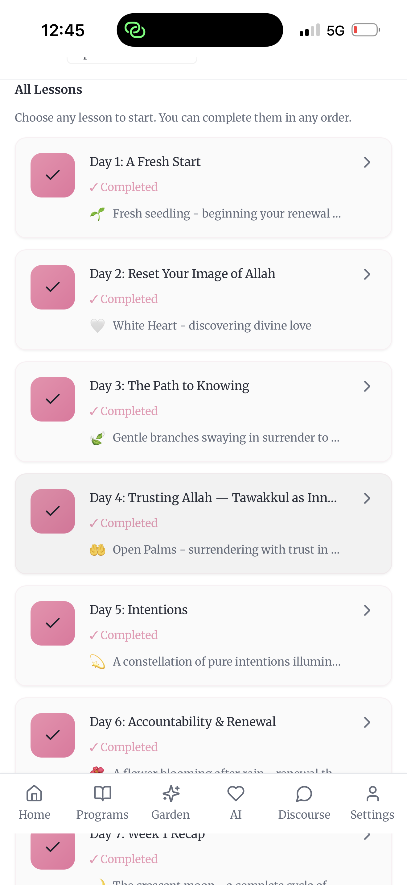 Mobile phone screen displaying a list of completed daily lessons in a spiritual or self-improvement app, with each lesson titled and marked as completed.