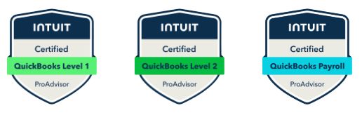 Three badges showing Intuit certification levels for QuickBooks, Level 1, Level 2, and Payroll, with ProAdvisor branding.