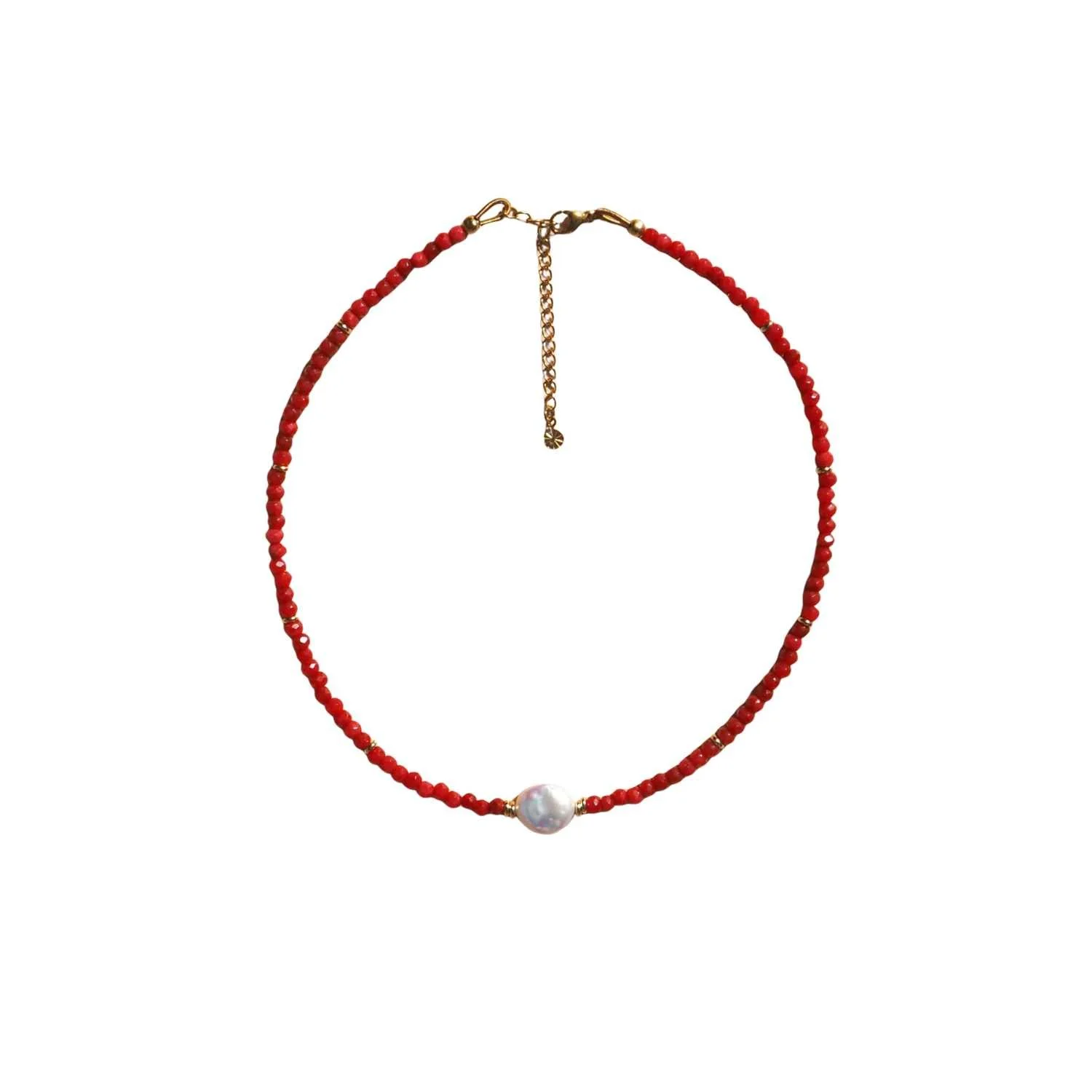 Freshwater Pearl with Red Gemstone Beaded Necklace