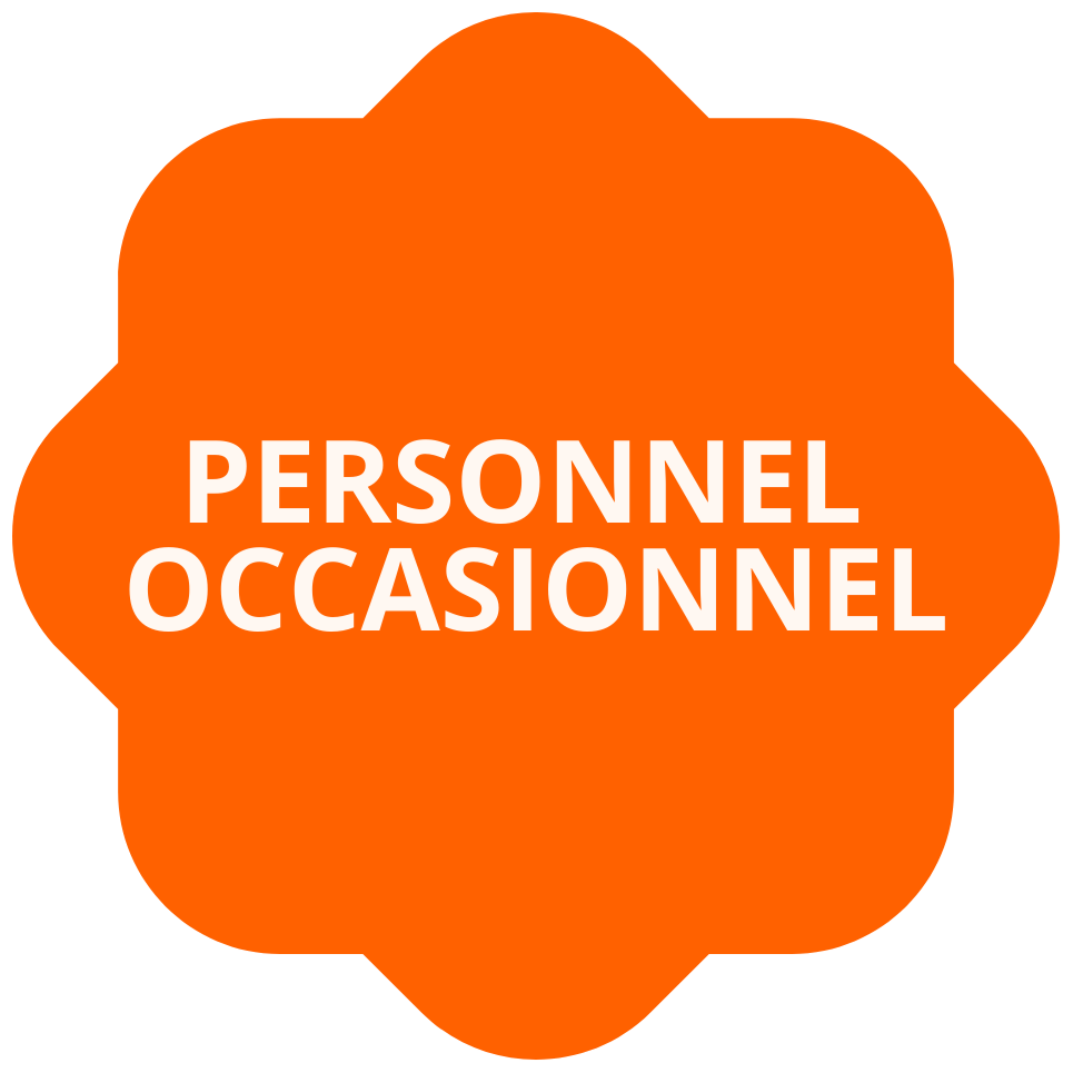 Badge orange avec le texte "PERSONNEL OCCASIONNEL" en blanc