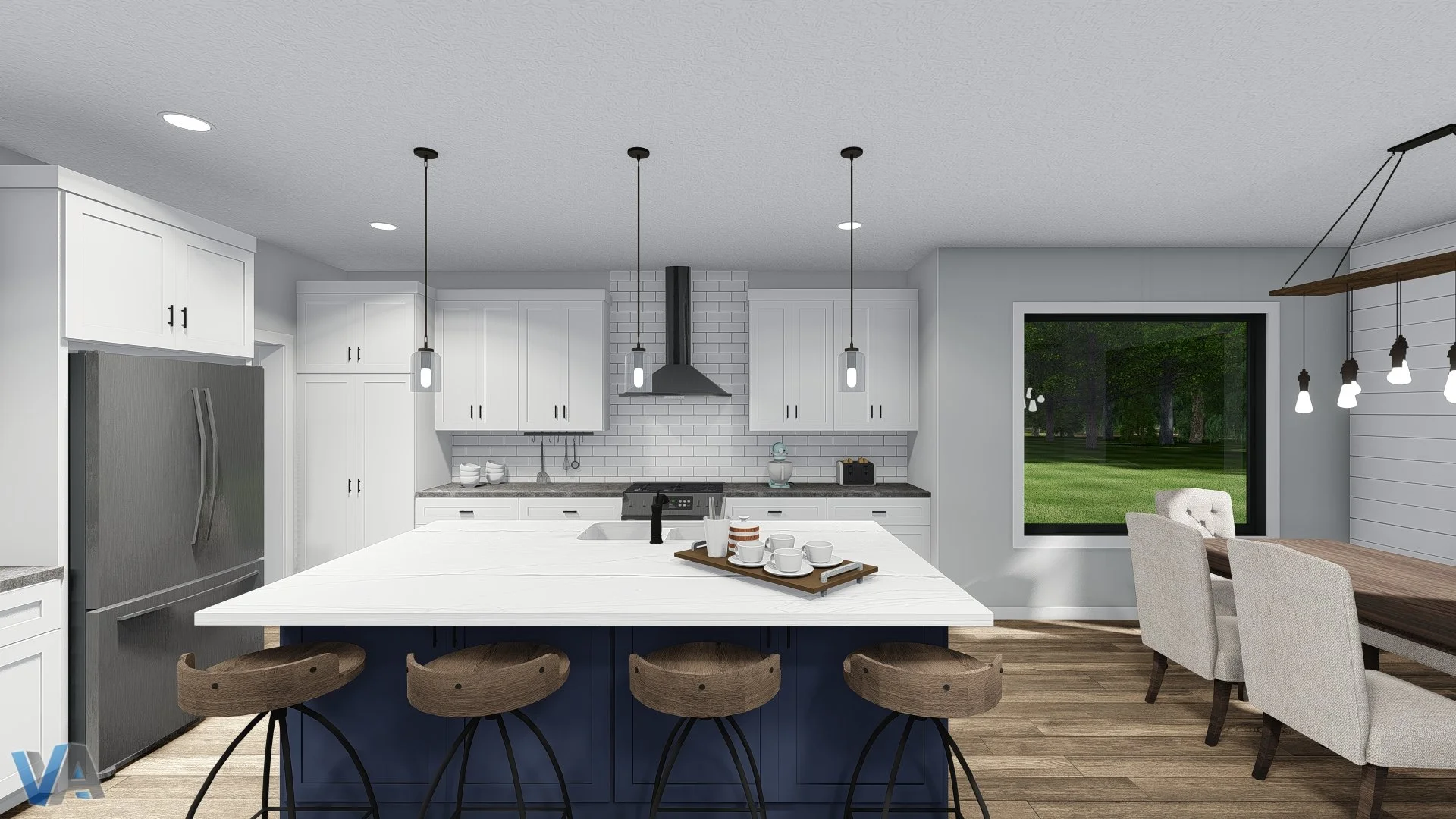 Modern kitchen with white cabinetry, stainless steel refrigerator, white subway tile backsplash, and a large island with bar stools. Dining area with a wooden table, beige chairs, and a large window overlooking a green yard. Overhead pendant lights and a hanging light fixture above the table.