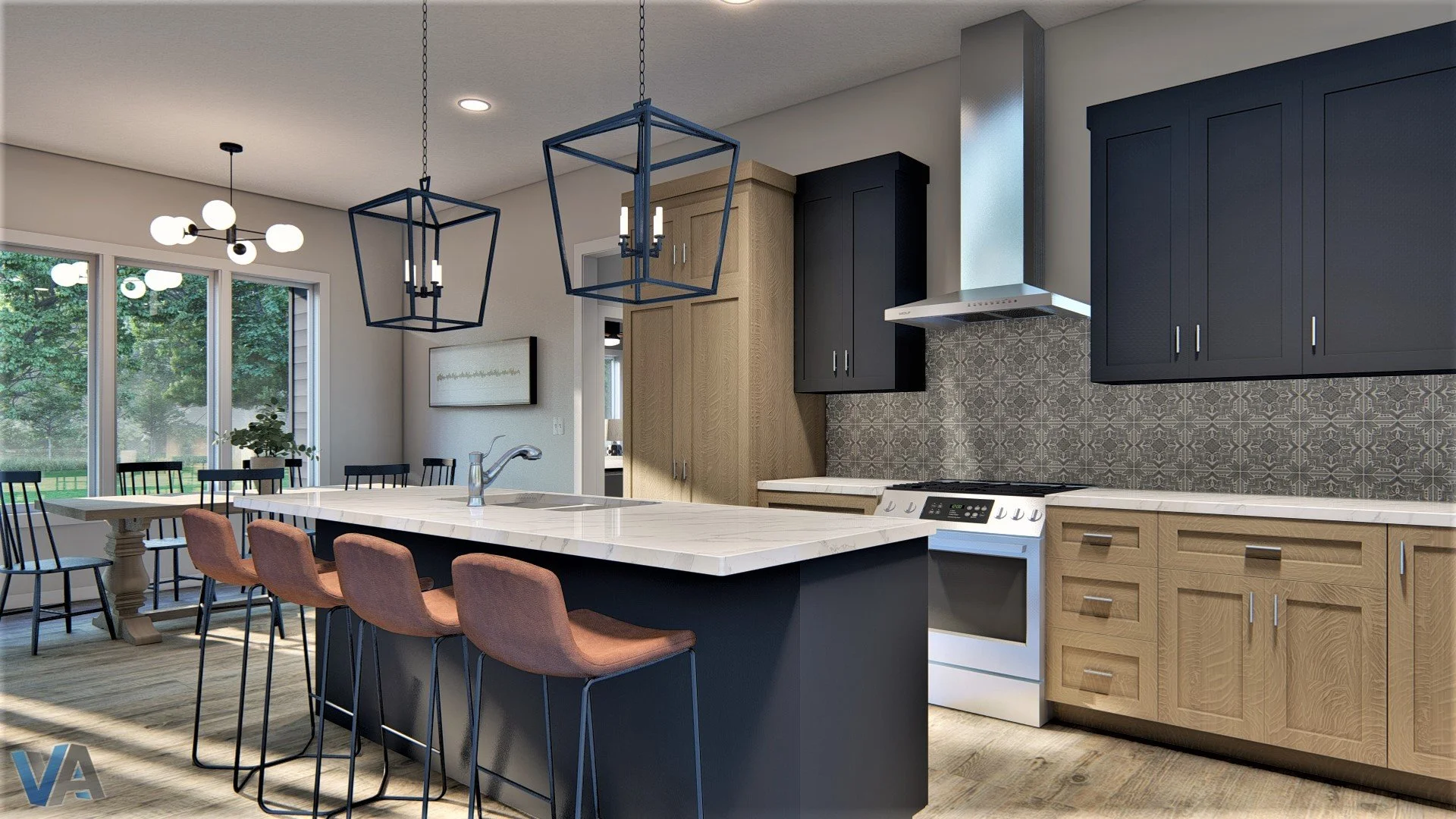 Modern kitchen with black, beige, and natural wood cabinets, a white marble island with pink chairs, black light fixtures, window with trees outside, and patterned backsplash.