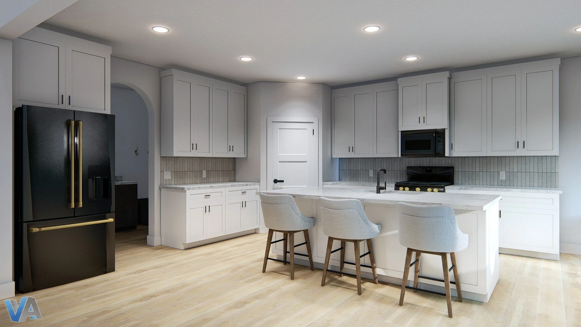 Modern kitchen with white cabinets, a large island with three chairs, black refrigerator, stove, microwave, and light wood floors.