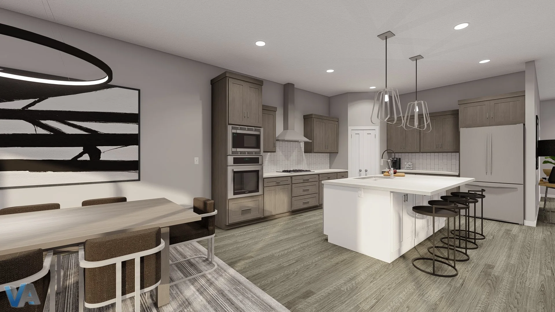 Modern kitchen with light wood cabinets, white island with seating, stainless steel appliances, and gray walls. There is a dining area with a table and chairs, and abstract black and white art on the wall.