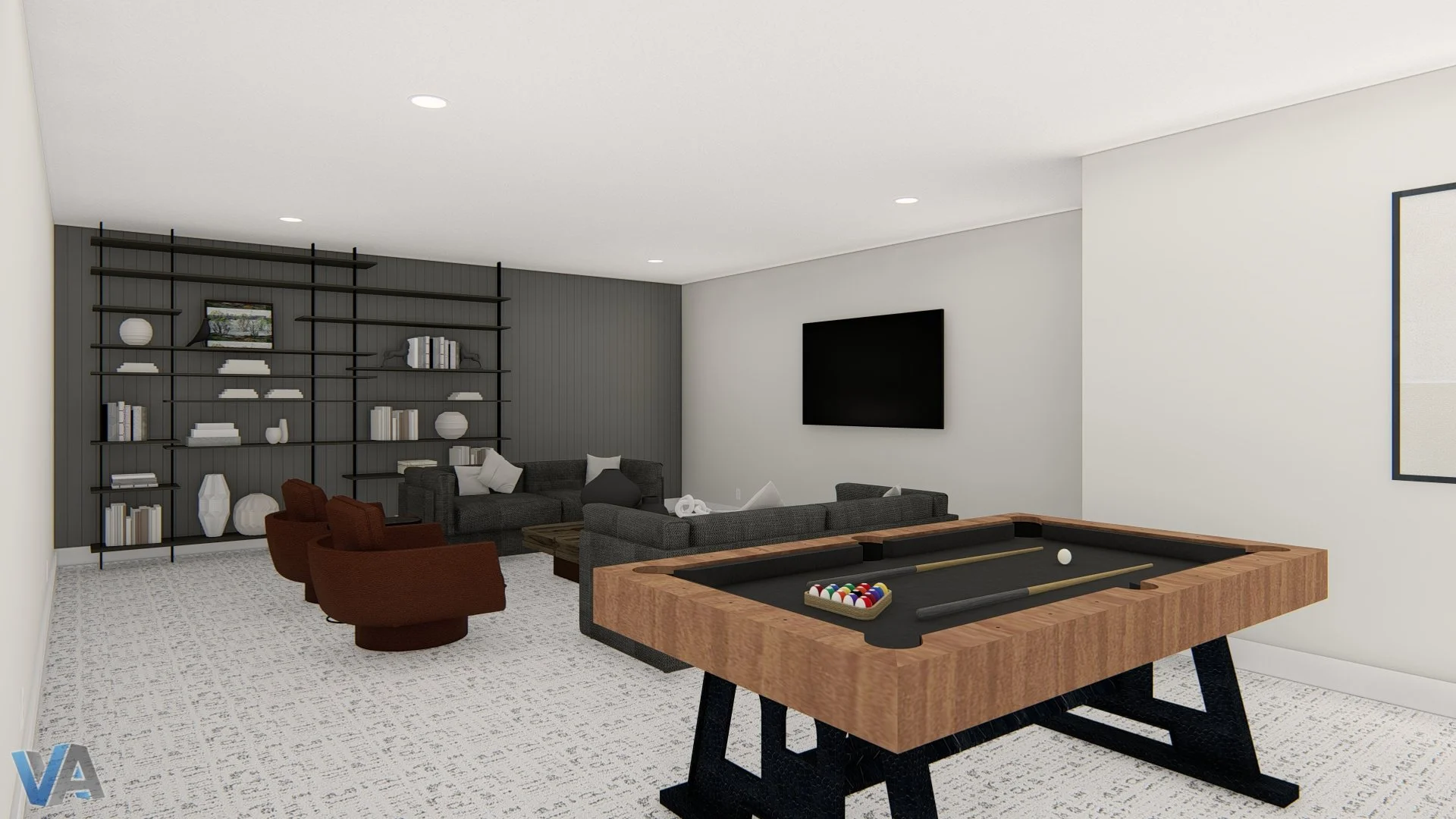 Modern living room with a pool table, multiple seating options, a wall-mounted TV, and a bookshelf with decorative items and books.