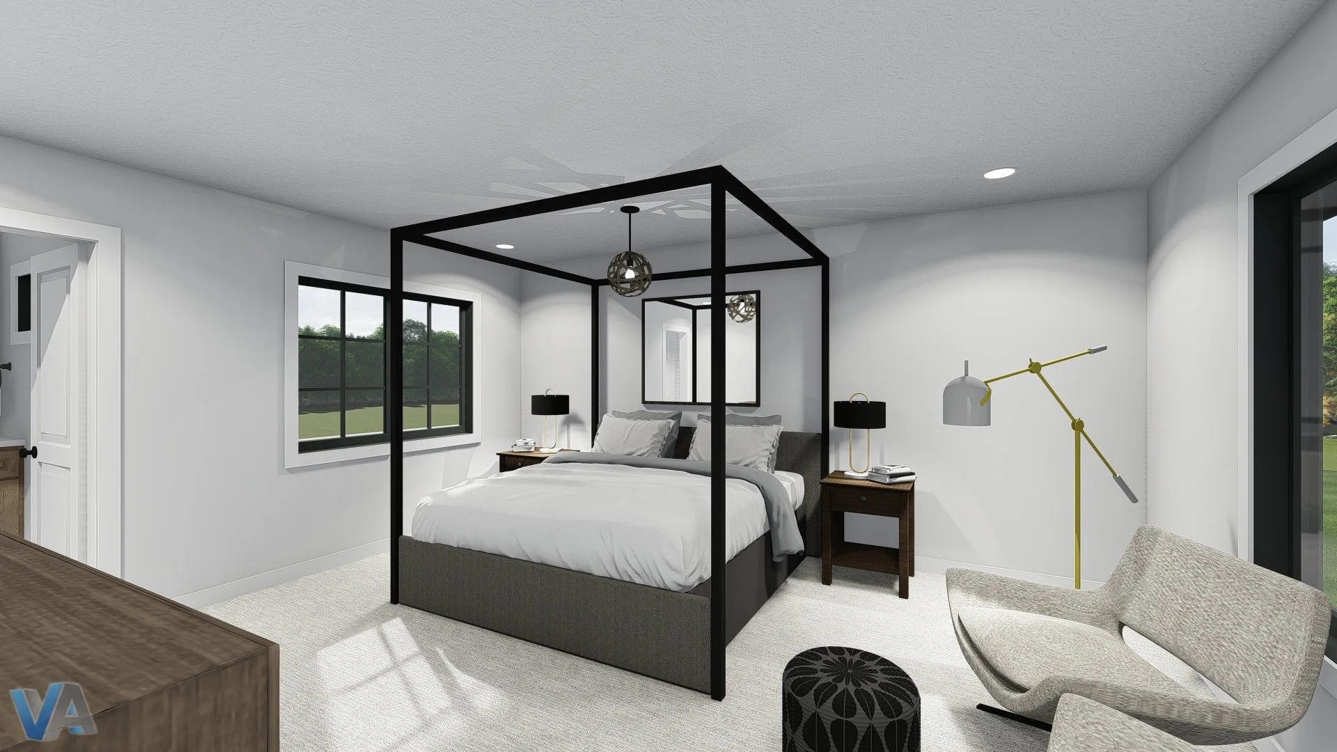 Modern bedroom with a black four-poster bed, white bedding, two black nightstands with black lamps, a beige chair, a floor lamp, windows showing greenery, and artwork on the walls.
