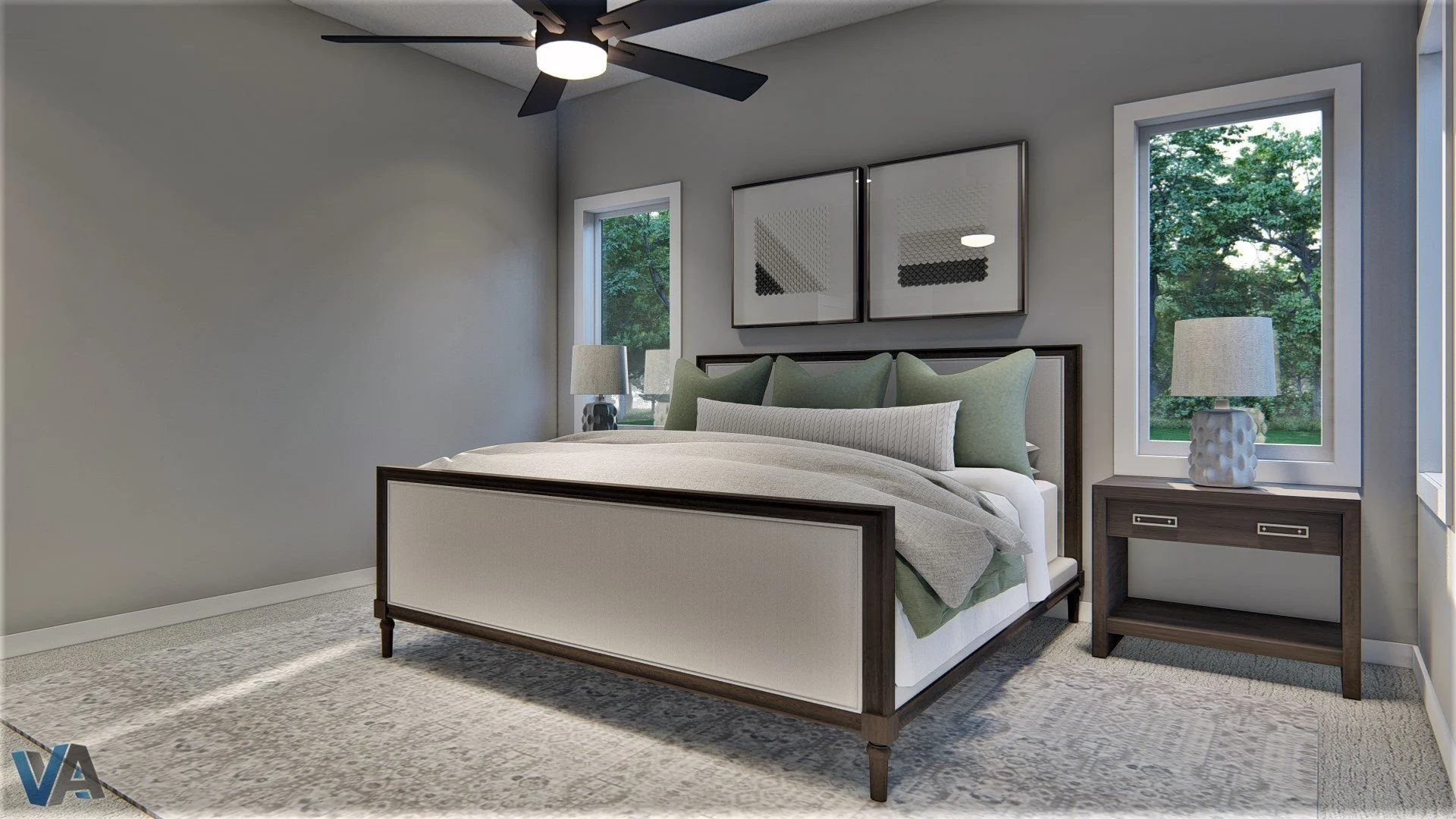 Modern bedroom with a bed, nightstands with lamps, large windows showing trees outside, art on the wall, ceiling fan, and a light-colored rug.