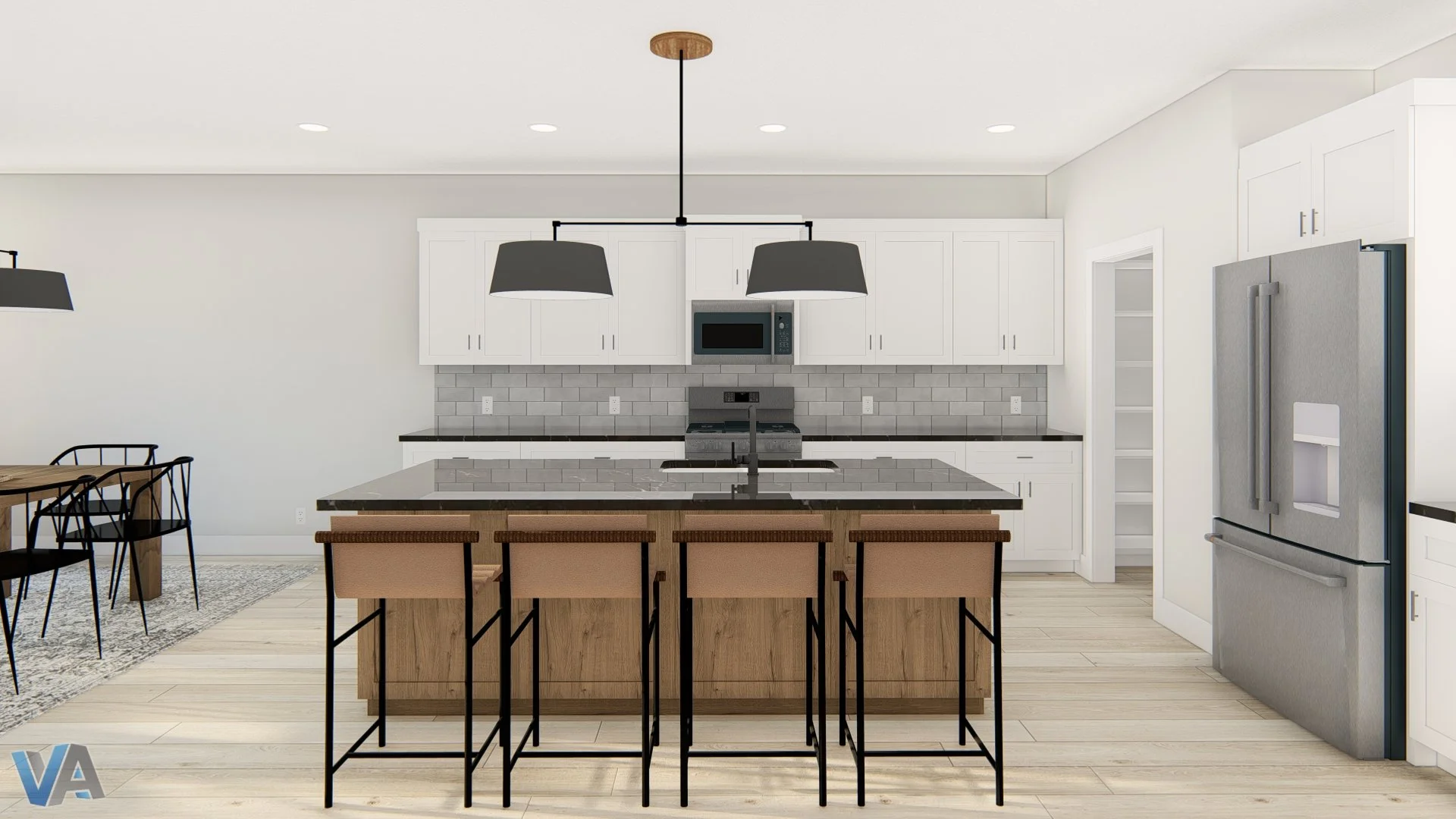 Modern kitchen with white cabinets, gray backsplash, black countertops, stainless steel appliances, including a refrigerator, oven, microwave, and dishwasher. A large center island with wooden base and brown stools, and a dining area with a wooden table and black chairs. Light wooden flooring and black pendant lights over the island.