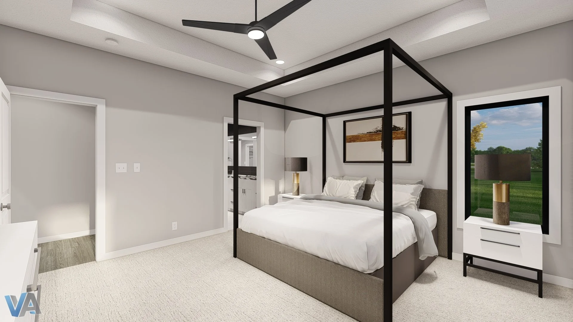 Modern bedroom with a four-poster bed, gray upholstered headboard, white bedding, and black-frame artwork on a white wall. Nightstand with a black and gold lamp, window with a view of green trees outdoors, and ceiling fan.