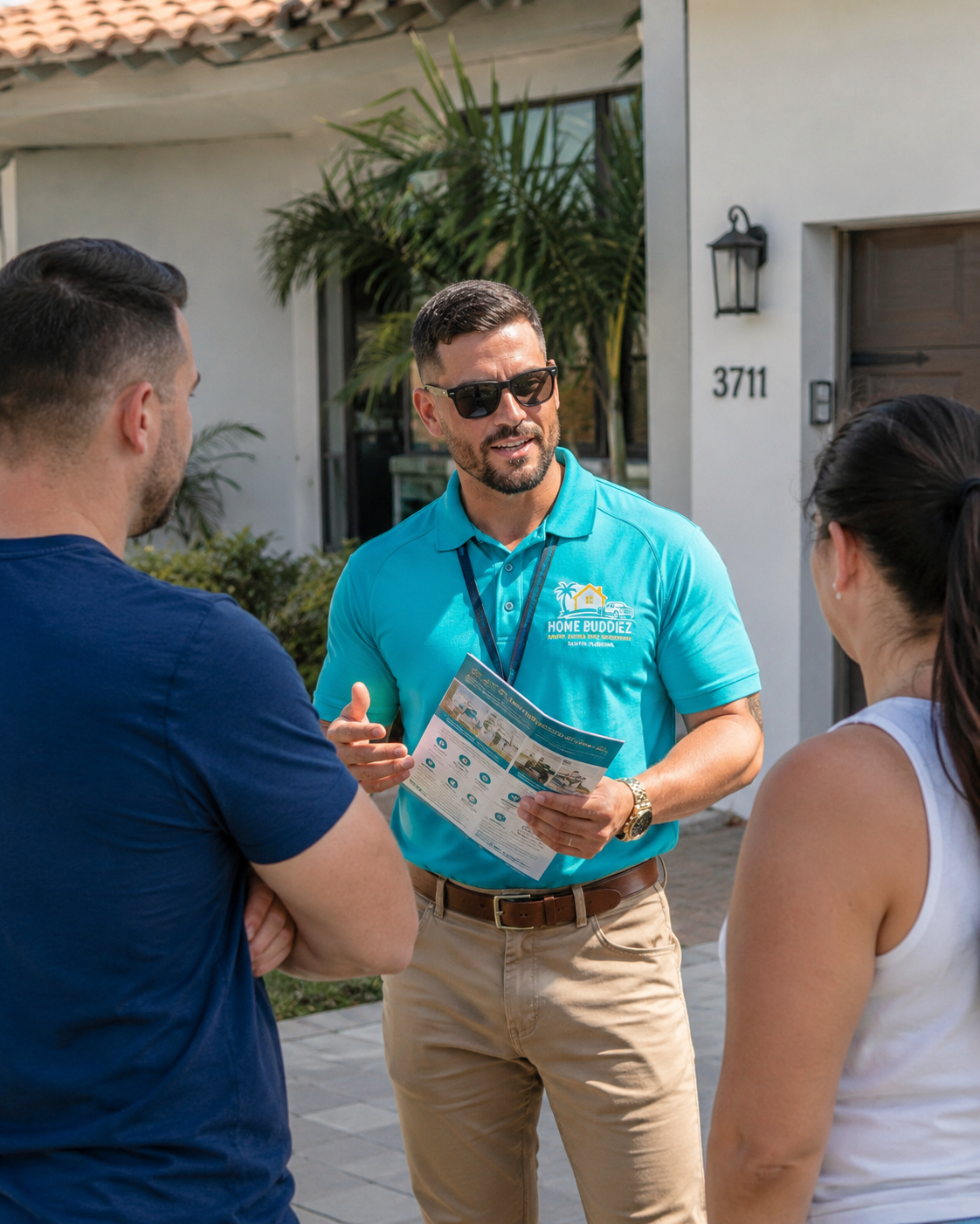 A real estate agent in a bright blue polo shirt with a company logo, sunglasses, and a lanyard, explaining information from a brochure to a couple in front of a house with the number 3711, greenery, and a lantern-style light fixture.