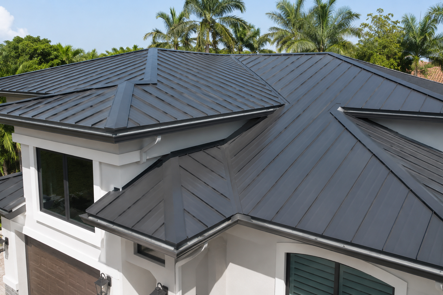 A modern house with a dark metal roof featuring multiple slopes and angles, surrounded by palm trees and lush greenery.